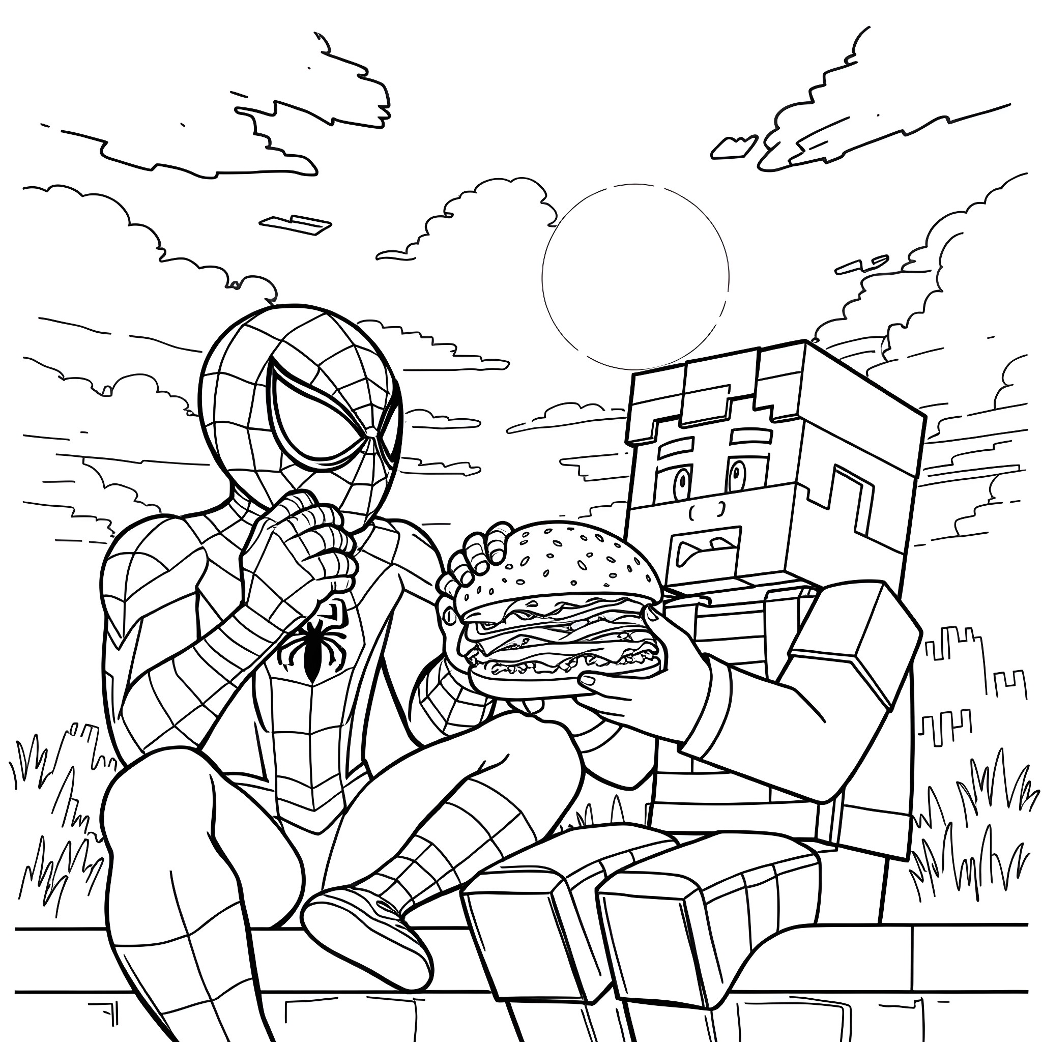 Spiderman enjoying a giant burger in the city Coloring Page (free black-and-white line drawing printable PDF for all, from beginners to advanced learners, including children, teens, adults, and seniors)