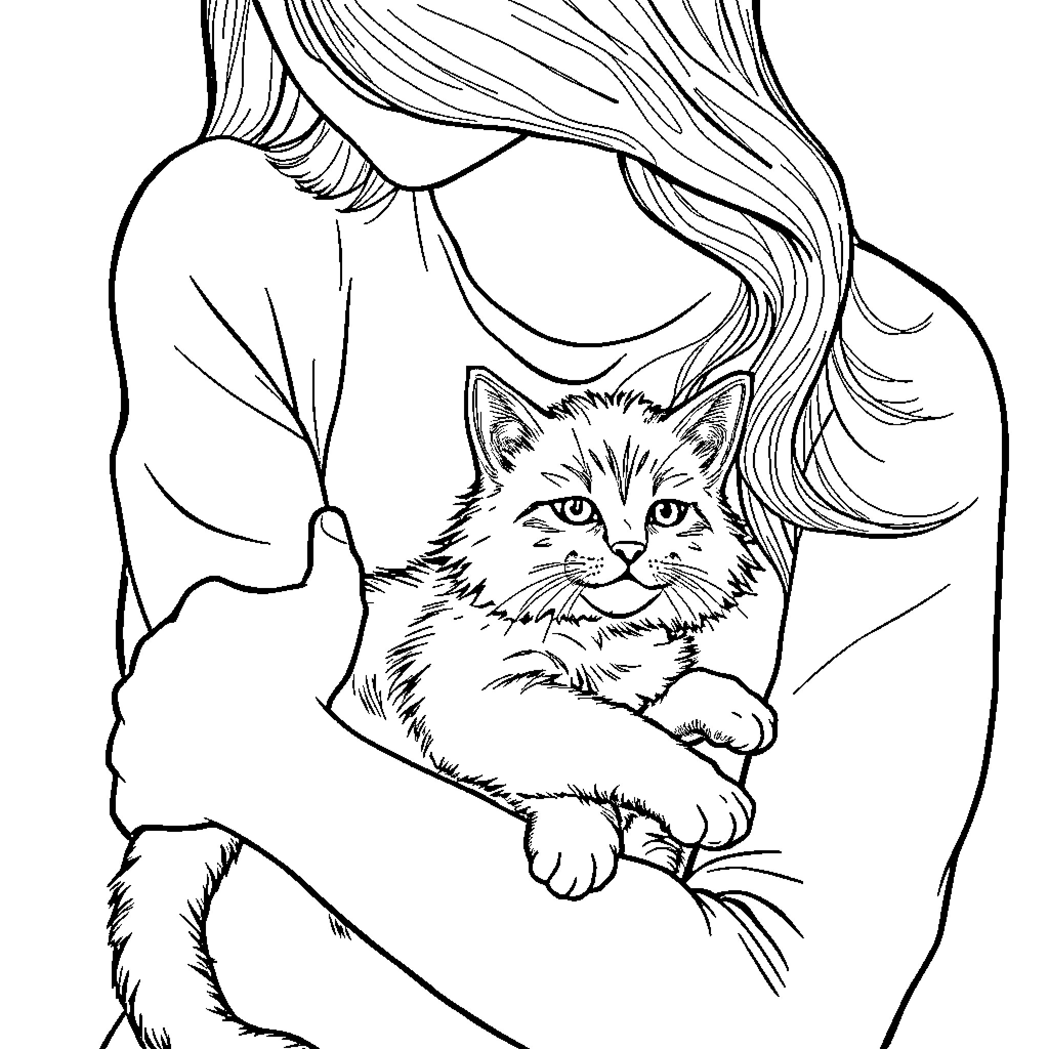 Woman tenderly holding a cat Coloring Page (free black-and-white line drawing printable PDF for all, from beginners to advanced learners, including children, teens, adults, and seniors)