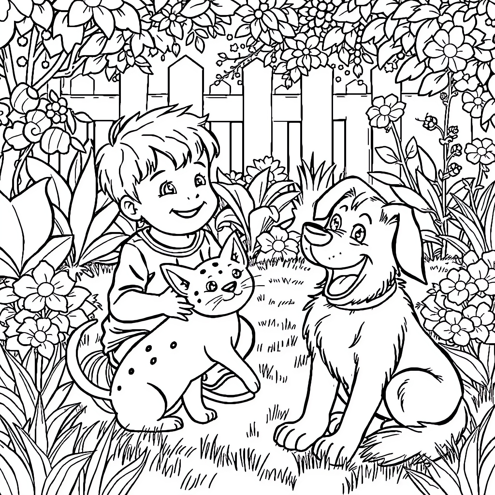 Child playing with pets in a floral garden Coloring Page (free black-and-white line drawing printable PDF for all, from beginners to advanced learners, including children, teens, adults, and seniors)
