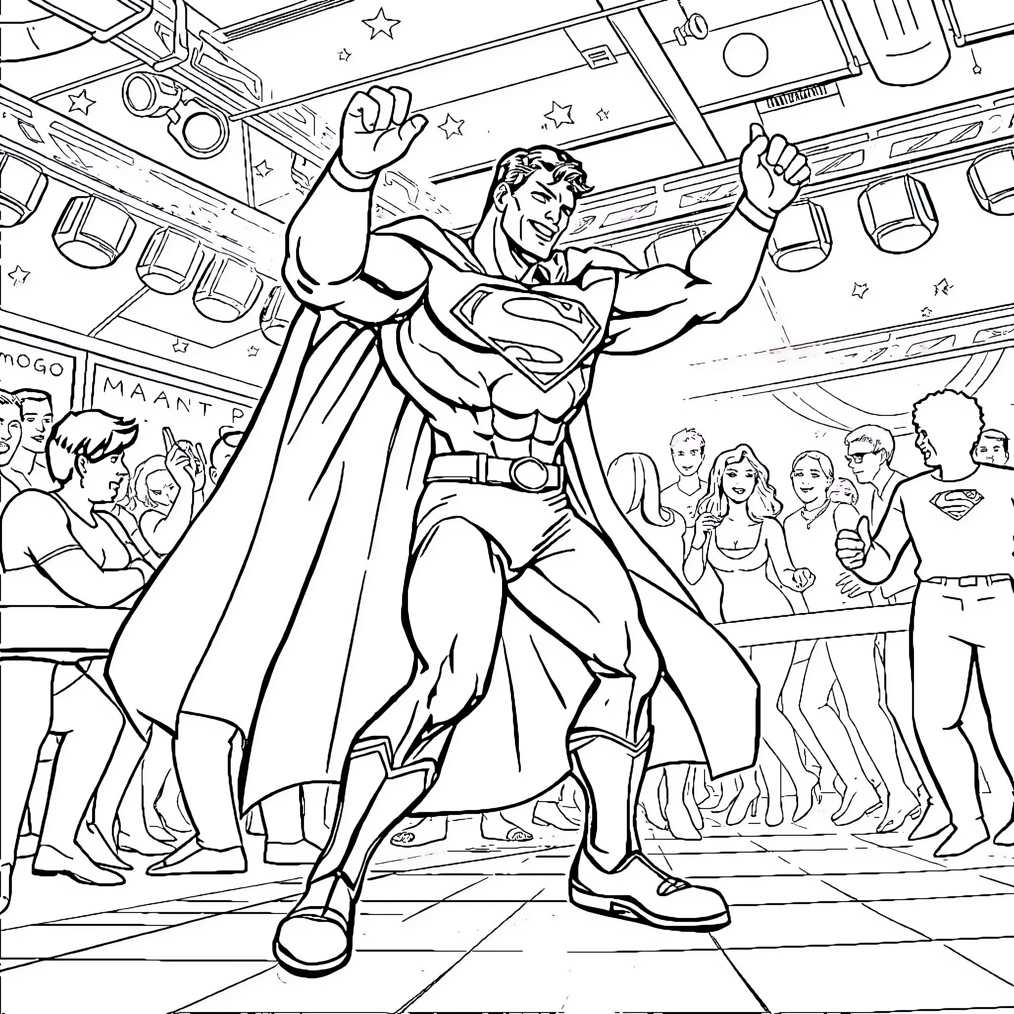 Superman saving the city with superhero powers Coloring Page (free black-and-white line drawing printable PDF for all, from beginners to advanced learners, including children, teens, adults, and seniors)