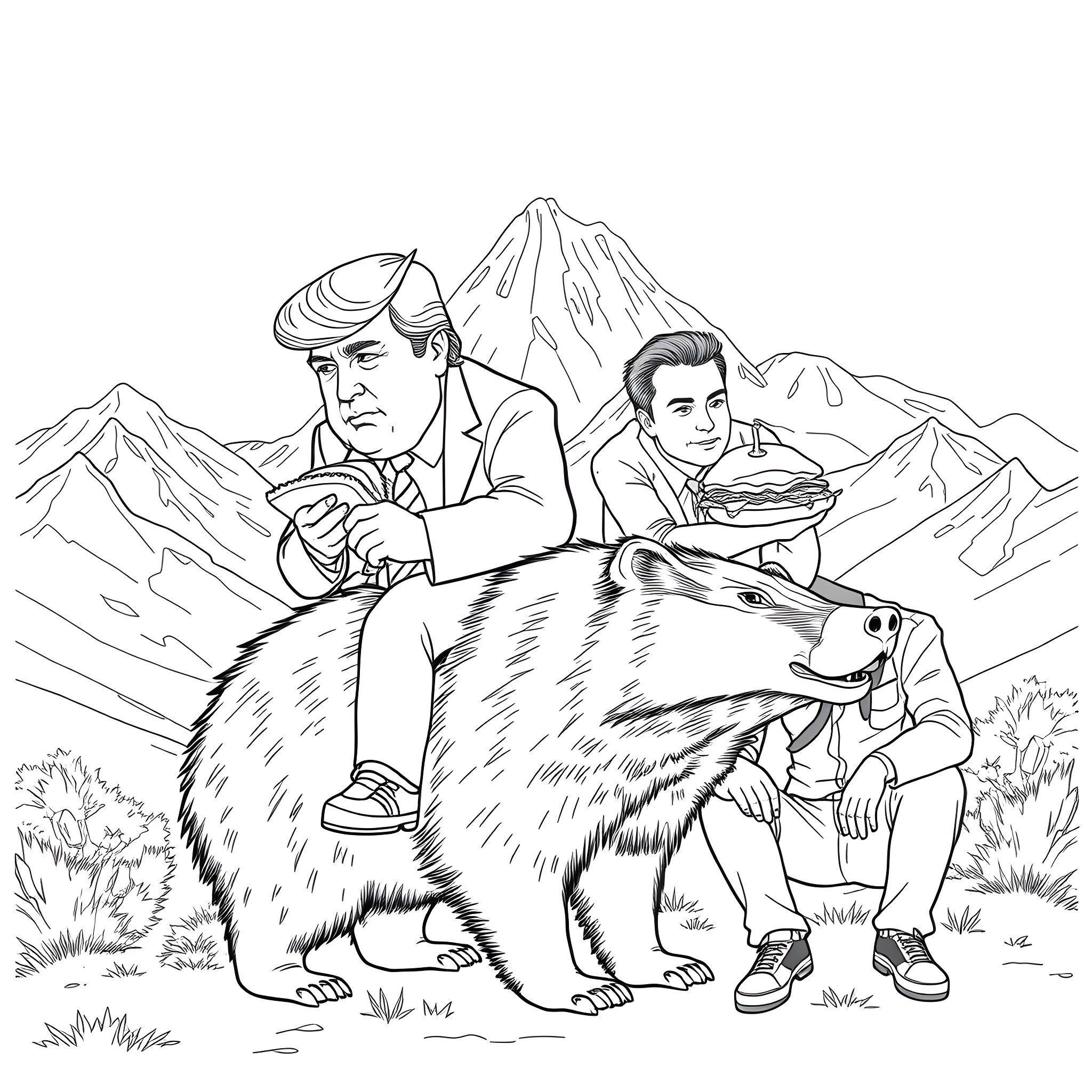 Donald Trump and companions ride a large bear in the mountains Coloring Page (free black-and-white line drawing printable PDF for all, from beginners to advanced learners, including children, teens, adults, and seniors)