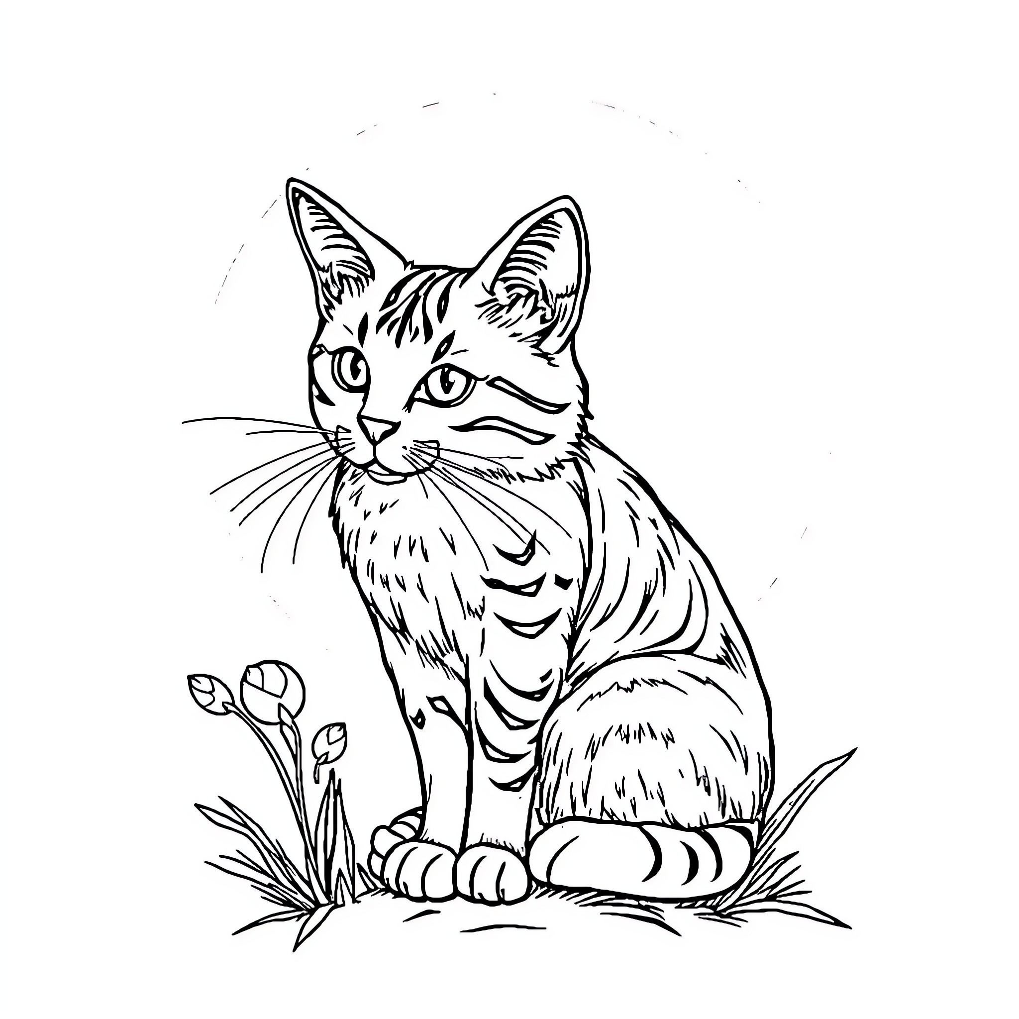 Fakopáncs - Curious Cat in the Wild Coloring Page (free black-and-white line drawing printable PDF for all, from beginners to advanced learners, including children, teens, adults, and seniors)