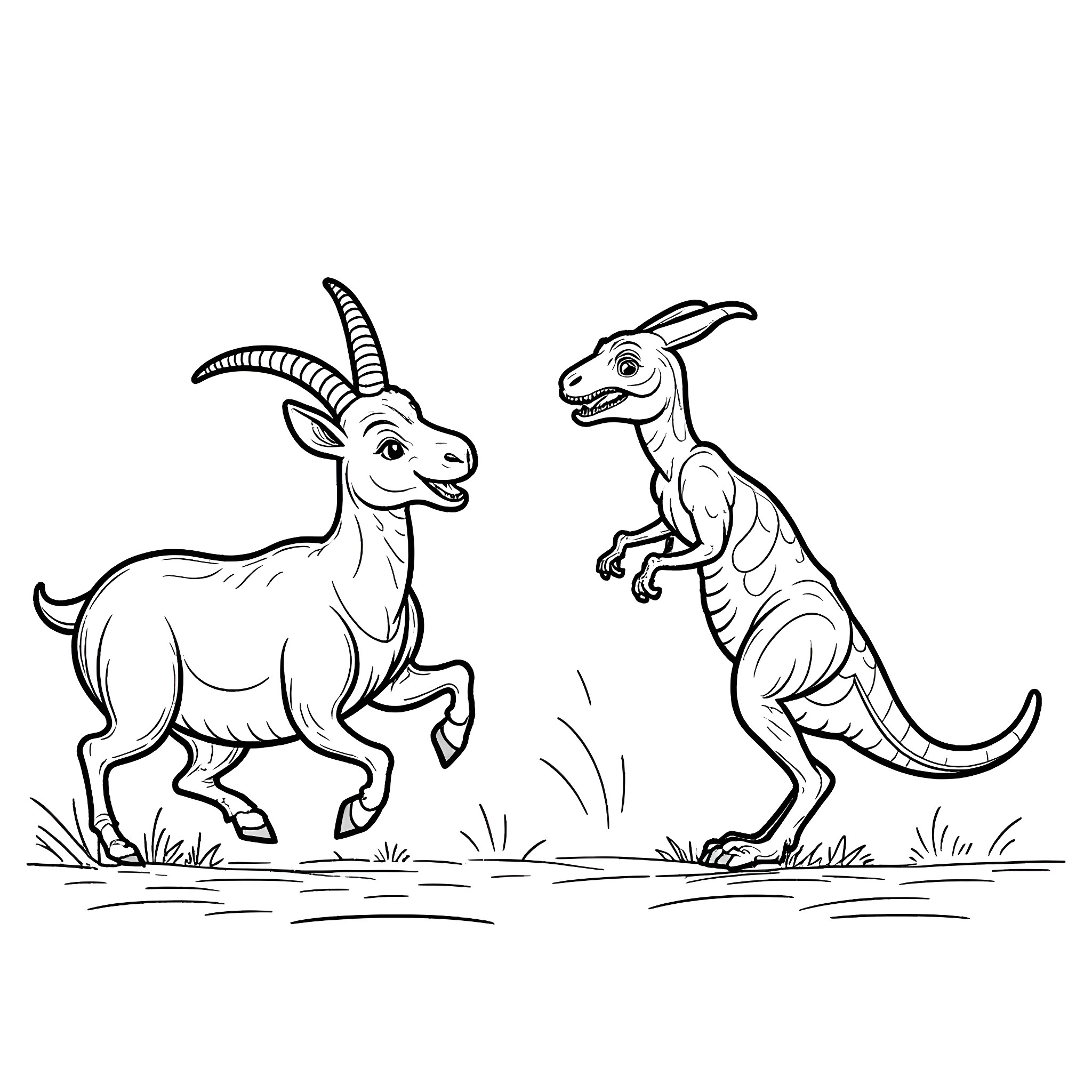 Ram and Kangaroo playing in the meadow Coloring Page (free black-and-white line drawing printable PDF for all, from beginners to advanced learners, including children, teens, adults, and seniors)