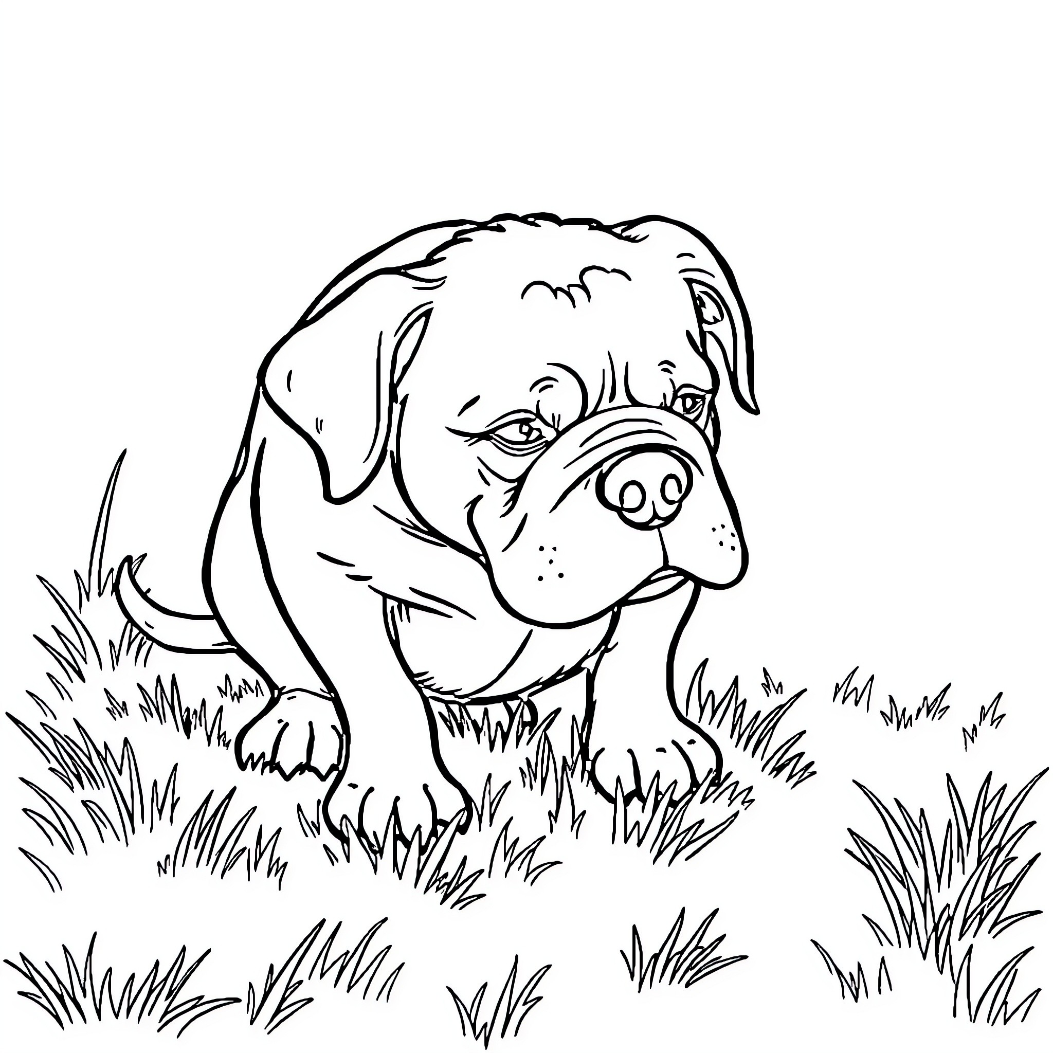 Dog exploring the grassy outdoors Coloring Page (free black-and-white line drawing printable PDF for all, from beginners to advanced learners, including children, teens, adults, and seniors)