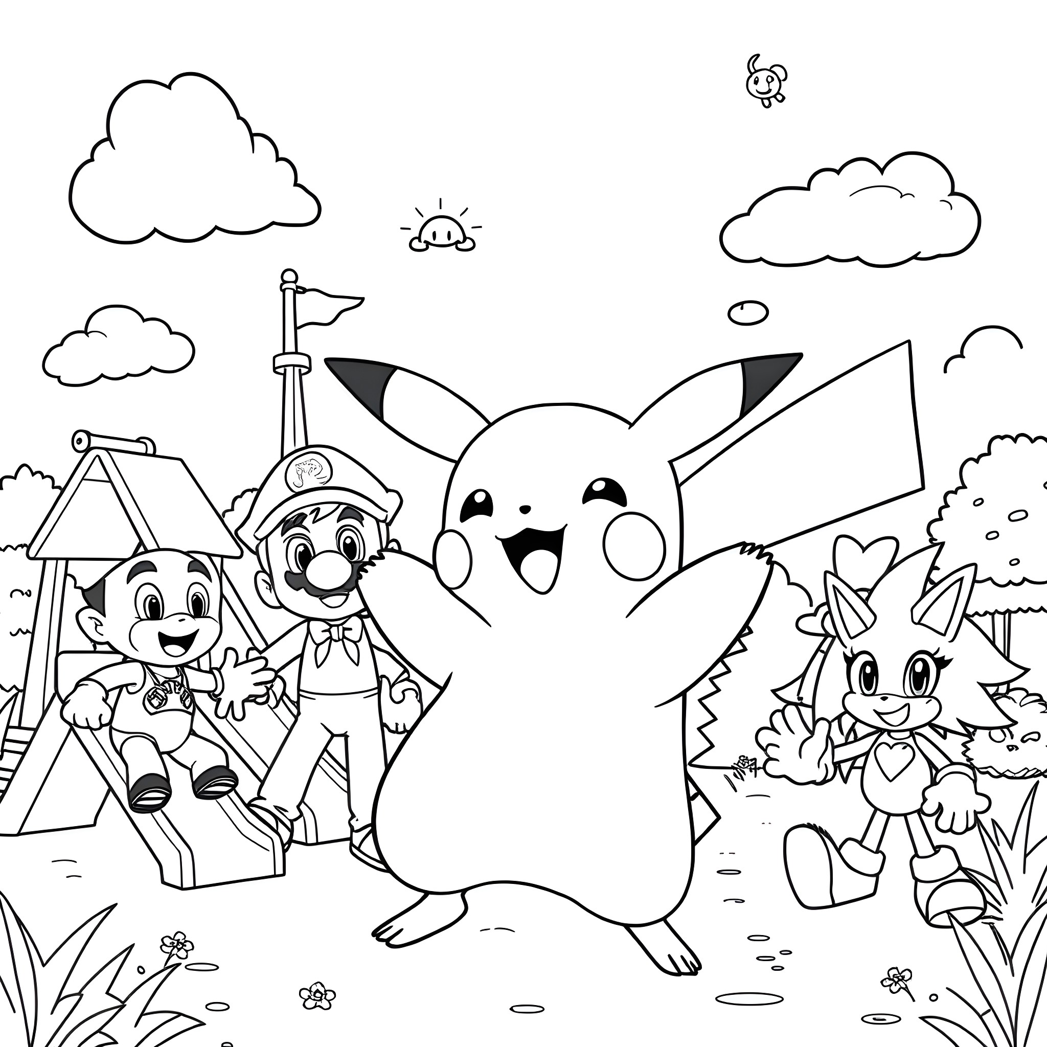 Pikachu and friends enjoy outdoor adventure Coloring Page (free black-and-white line drawing printable PDF for all, from beginners to advanced learners, including children, teens, adults, and seniors)
