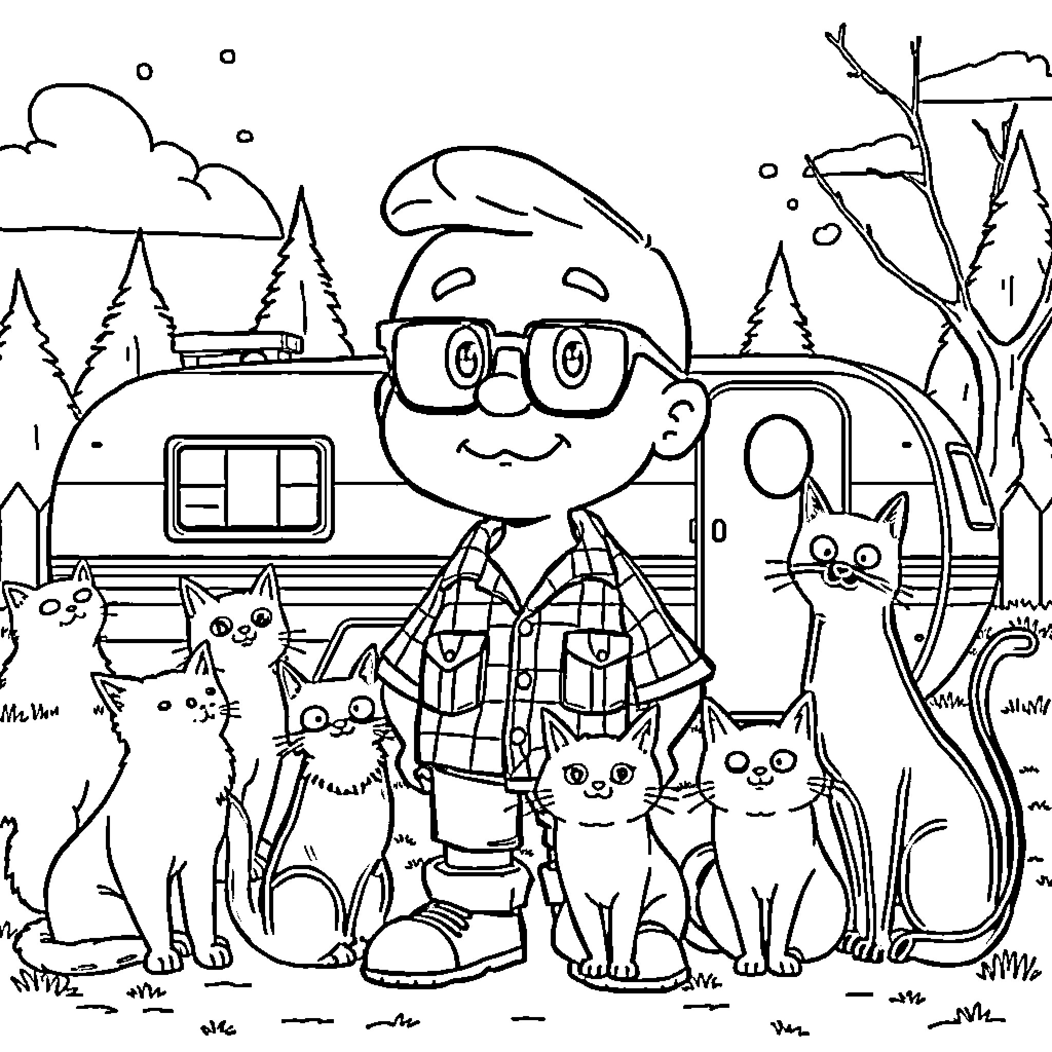 Bubble Camping with Friendly Felines Coloring Page (free black-and-white line drawing printable PDF for all, from beginners to advanced learners, including children, teens, adults, and seniors)