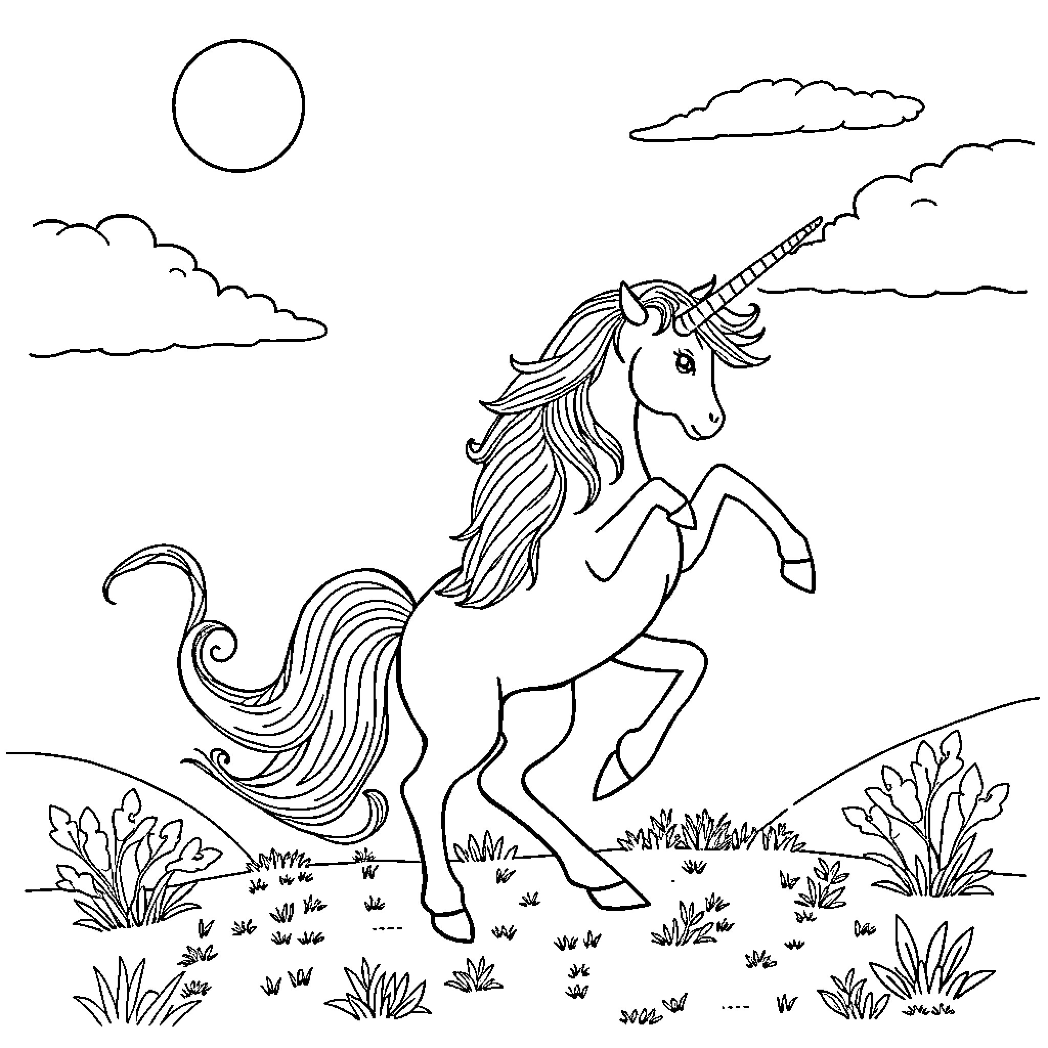 Unicorn Galloping Gracefully Through the Meadow Coloring Page (free black-and-white line drawing printable PDF for all, from beginners to advanced learners, including children, teens, adults, and seniors)
