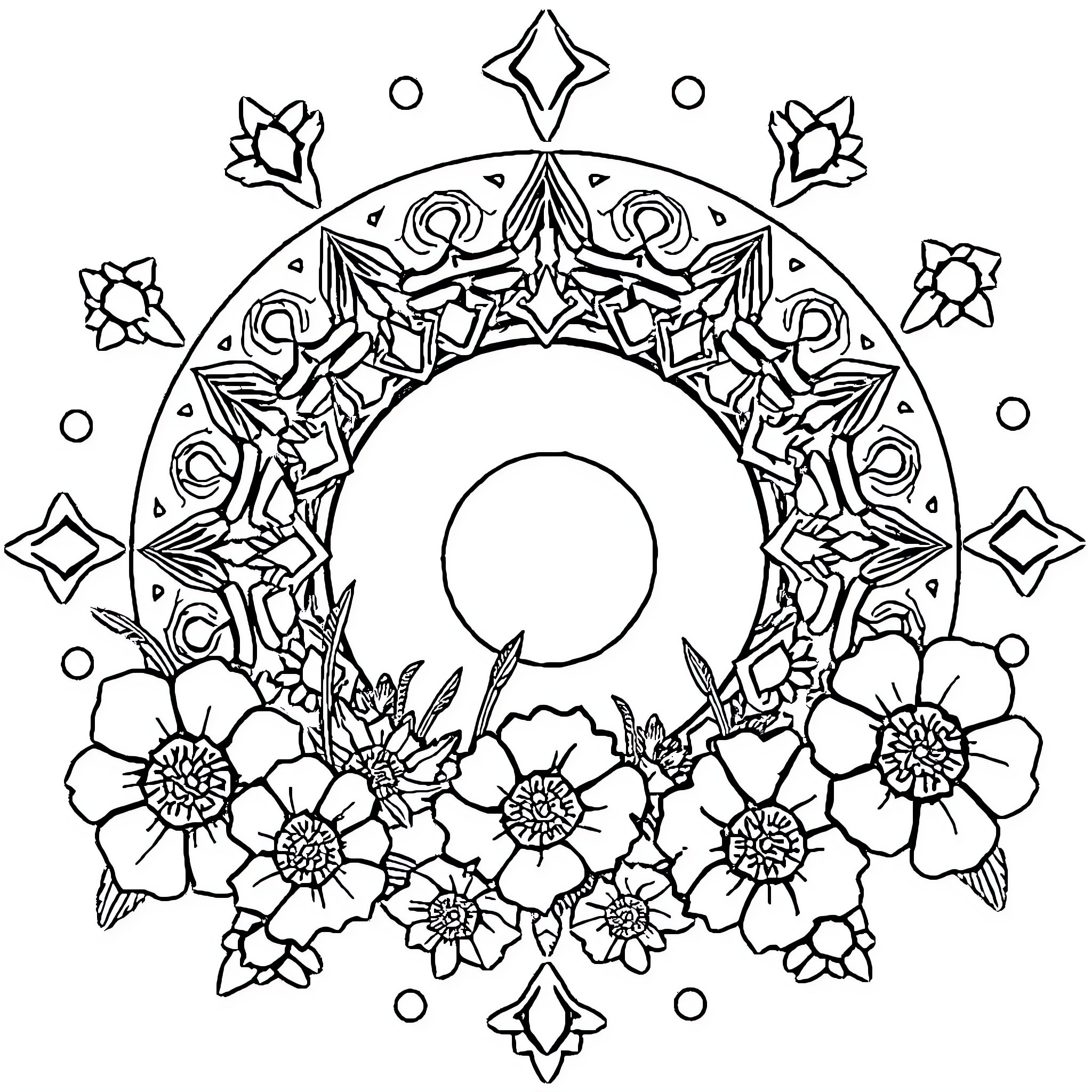 Puzzle of Intricate Floral Mandala Design Coloring Page (free black-and-white line drawing printable PDF for all, from beginners to advanced learners, including children, teens, adults, and seniors)