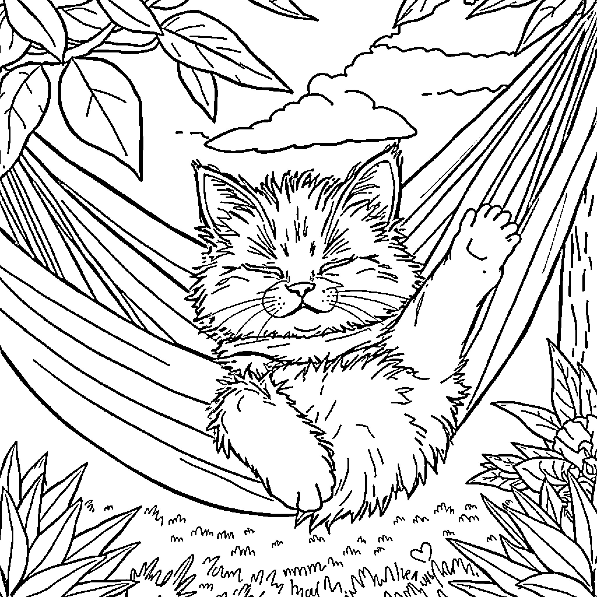 Cat relaxing in a cozy hammock Coloring Page (free black-and-white line drawing printable PDF for all, from beginners to advanced learners, including children, teens, adults, and seniors)