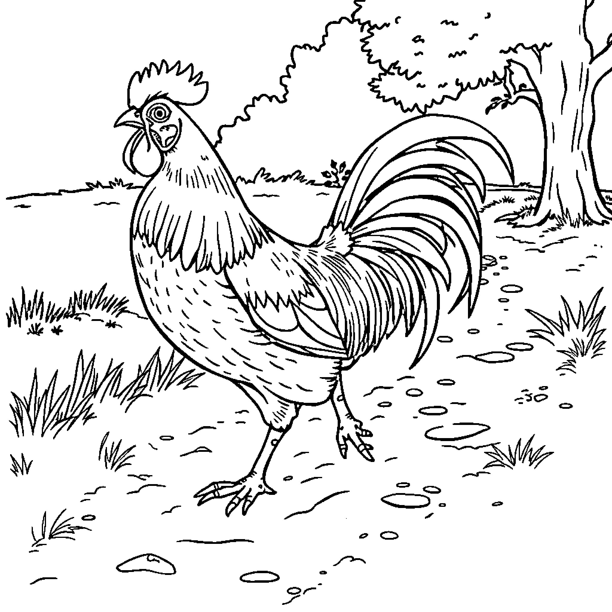 Rooster strutting through the countryside Coloring Page (free black-and-white line drawing printable PDF for all, from beginners to advanced learners, including children, teens, adults, and seniors)