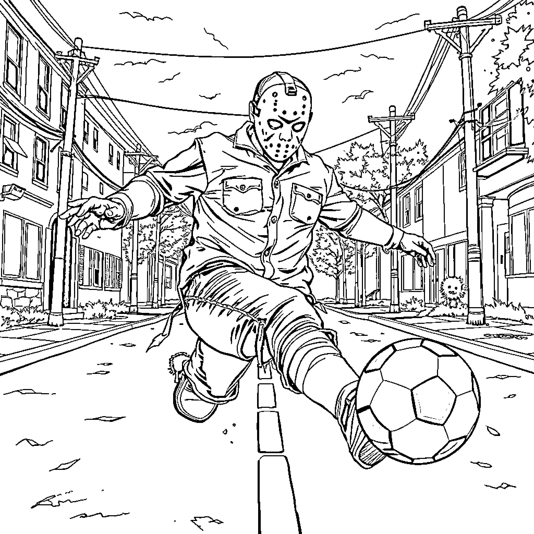 Jason Vorhees playing soccer in a city street Coloring Page (free black-and-white line drawing printable PDF for all, from beginners to advanced learners, including children, teens, adults, and seniors)