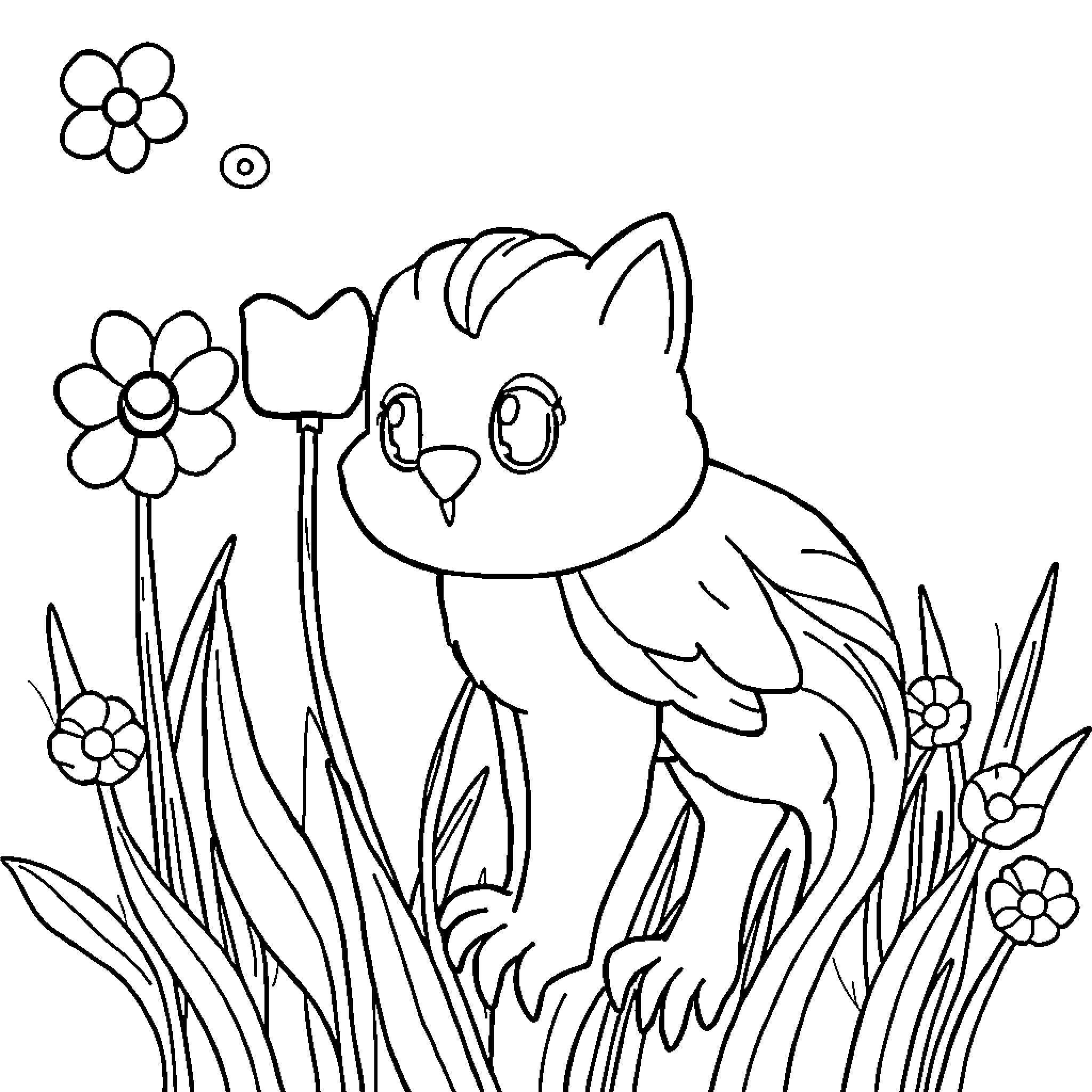 Desenho de um gato fofo em um campo florido Coloring Page (free black-and-white line drawing printable PDF for all, from beginners to advanced learners, including children, teens, adults, and seniors)