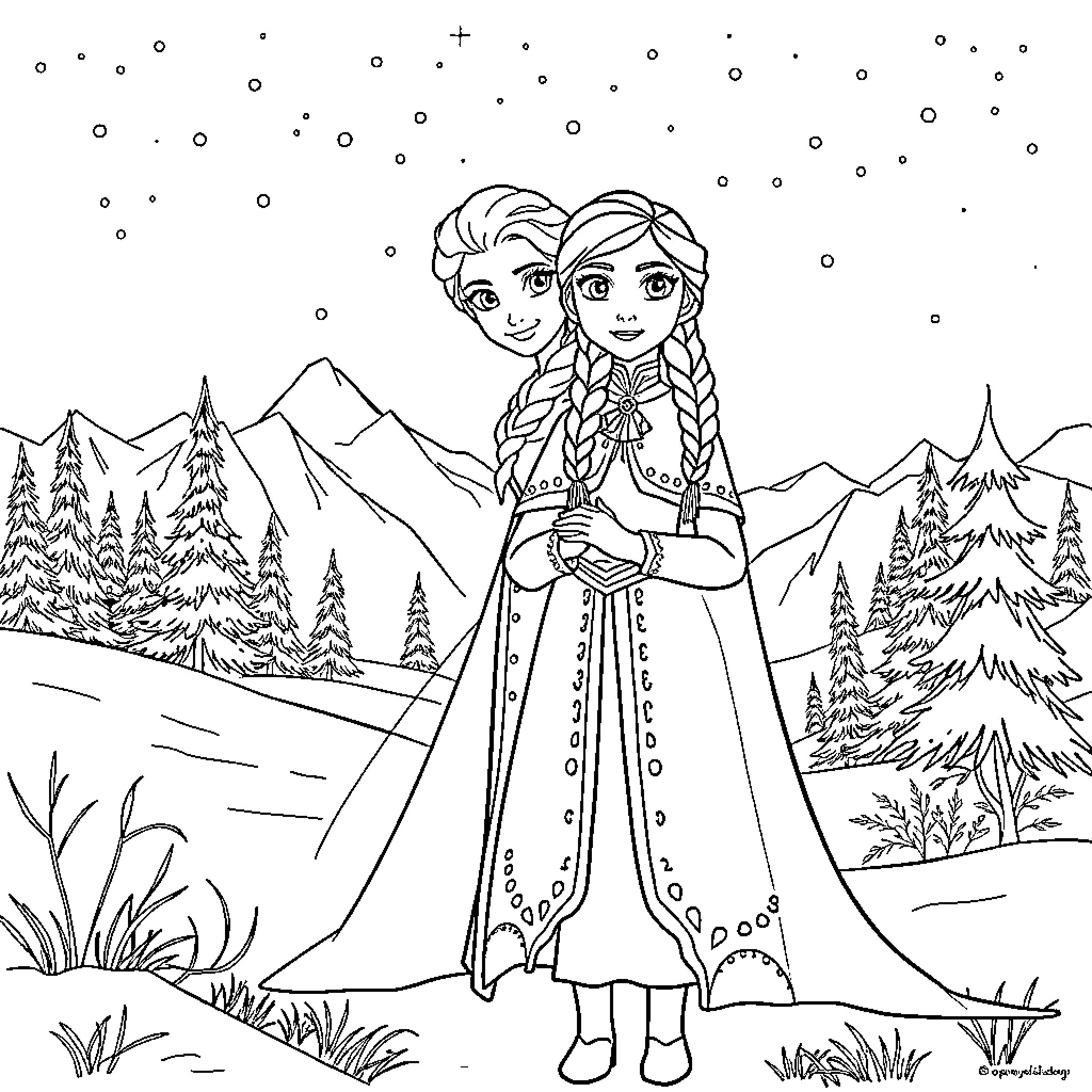 Sisters enjoying winter wonderland scene Coloring Page (free black-and-white line drawing printable PDF for all, from beginners to advanced learners, including children, teens, adults, and seniors)