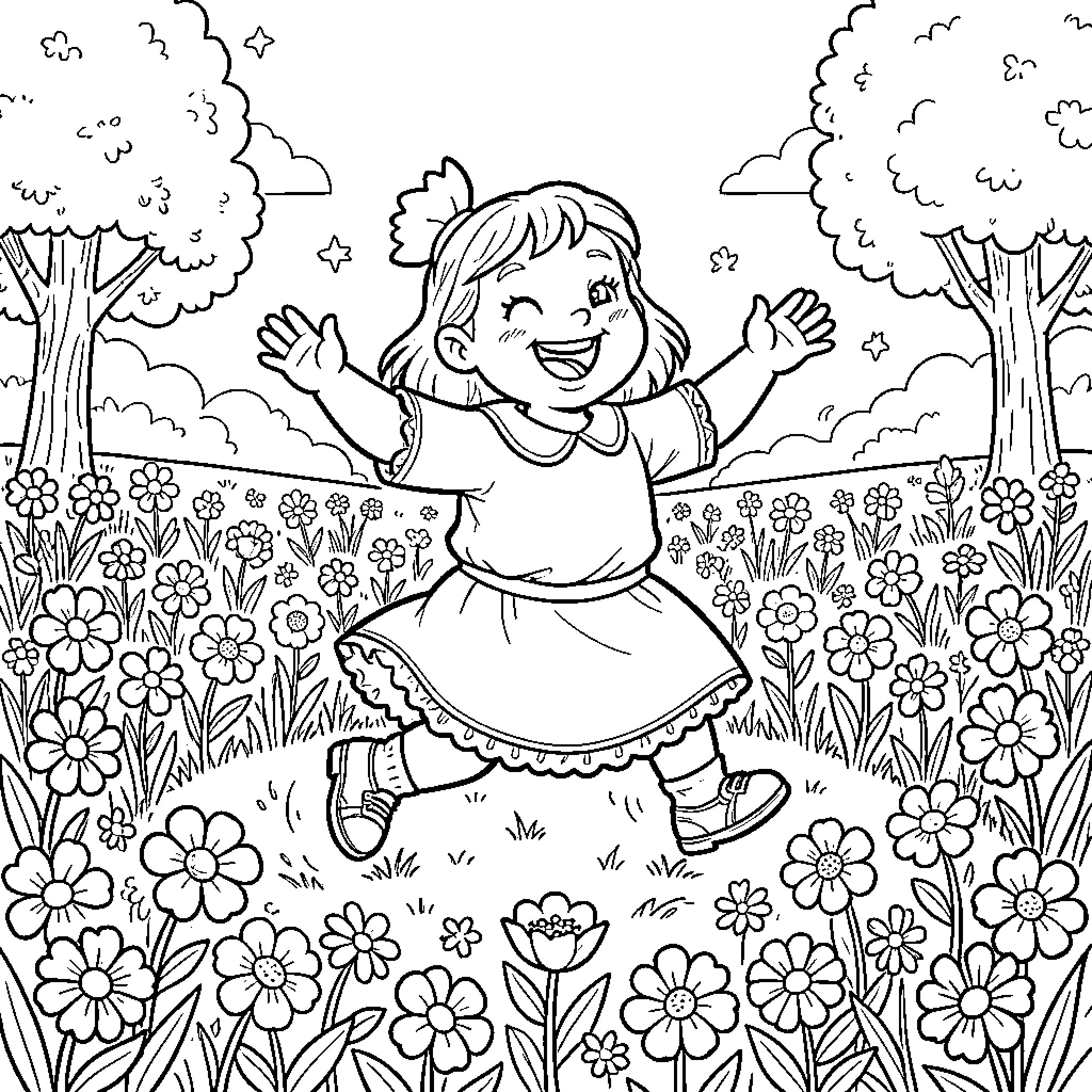 Easter Bunny Girl Dancing Joyfully in Flower Garden Coloring Page (free black-and-white line drawing printable PDF for all, from beginners to advanced learners, including children, teens, adults, and seniors)