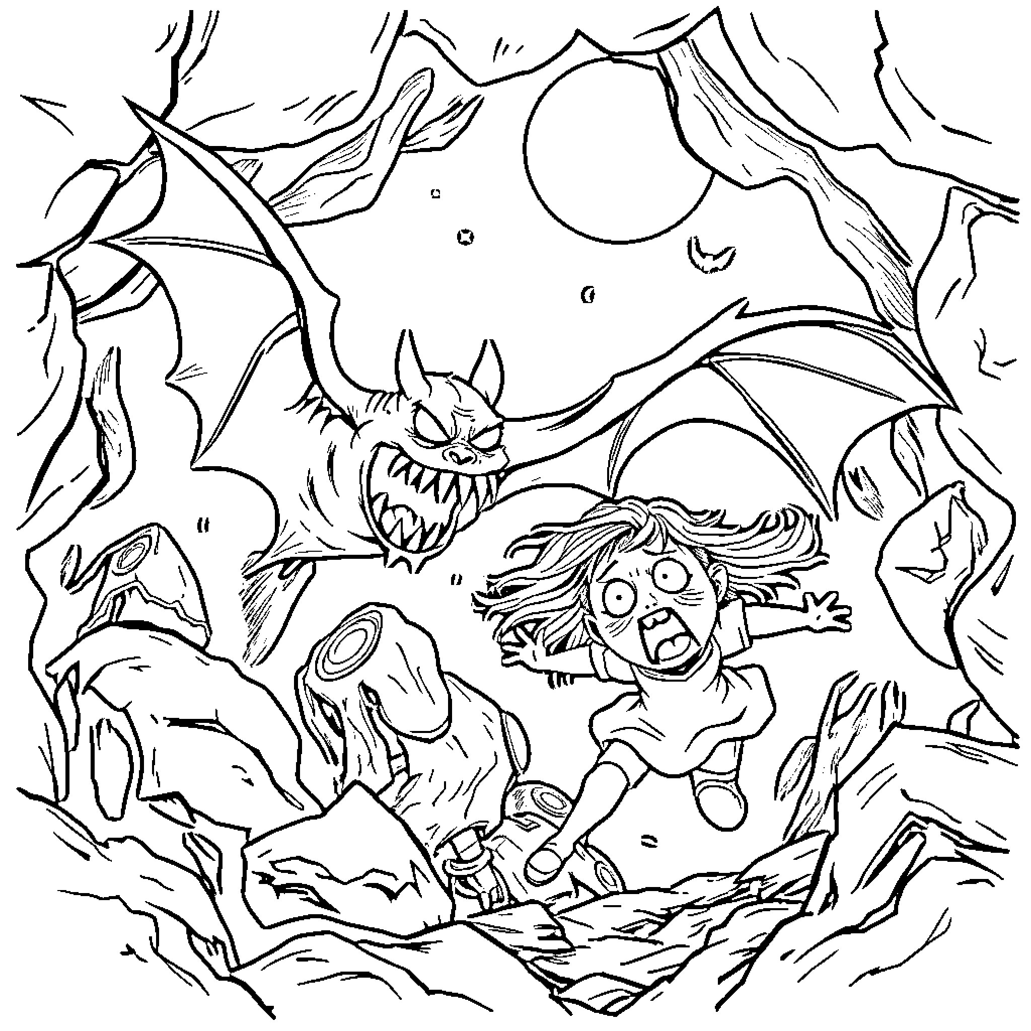 Bat-like creature terrorizing frightened person Coloring Page (free black-and-white line drawing printable PDF for all, from beginners to advanced learners, including children, teens, adults, and seniors)