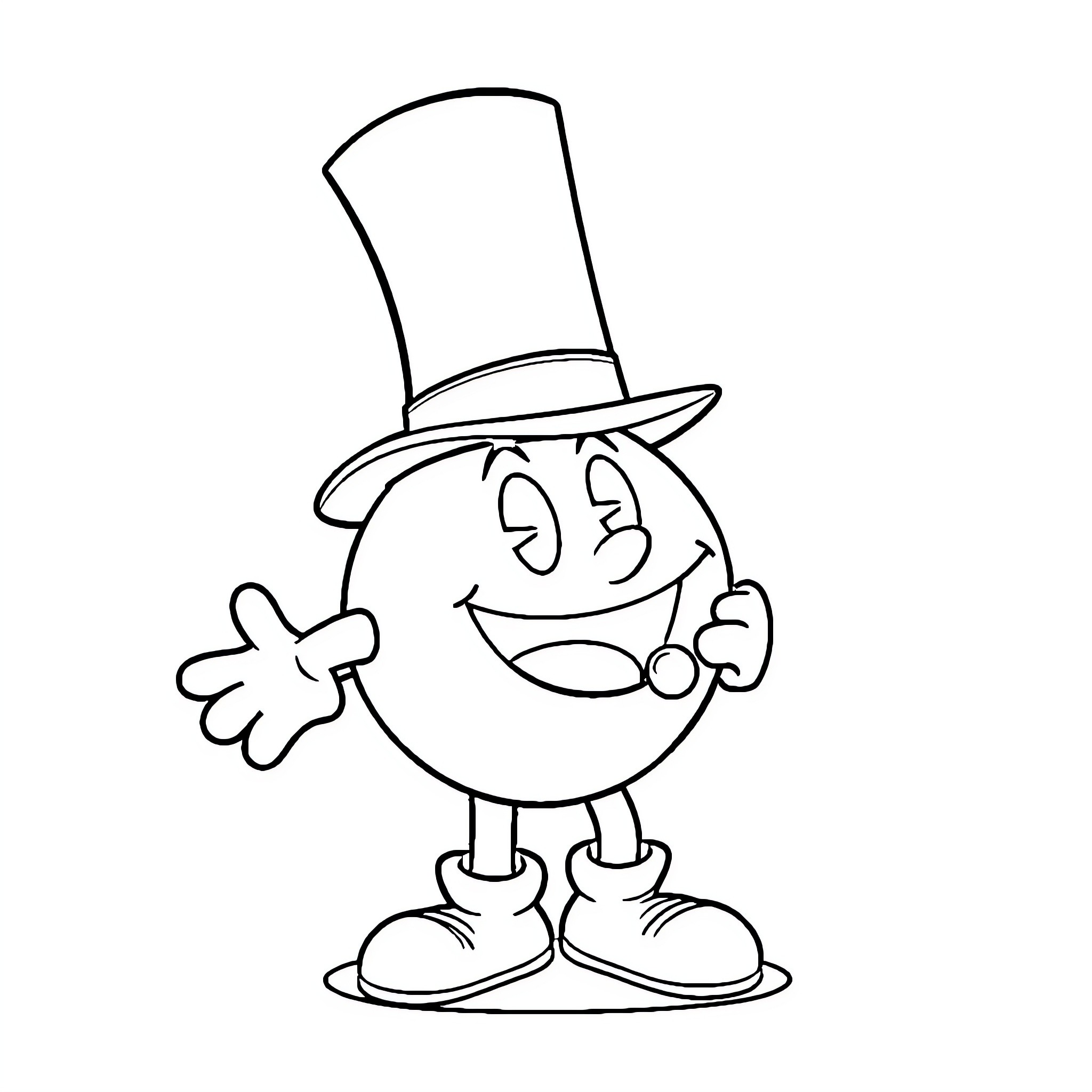 Pacman character wearing a top hat and waving Coloring Page (free black-and-white line drawing printable PDF for all, from beginners to advanced learners, including children, teens, adults, and seniors)