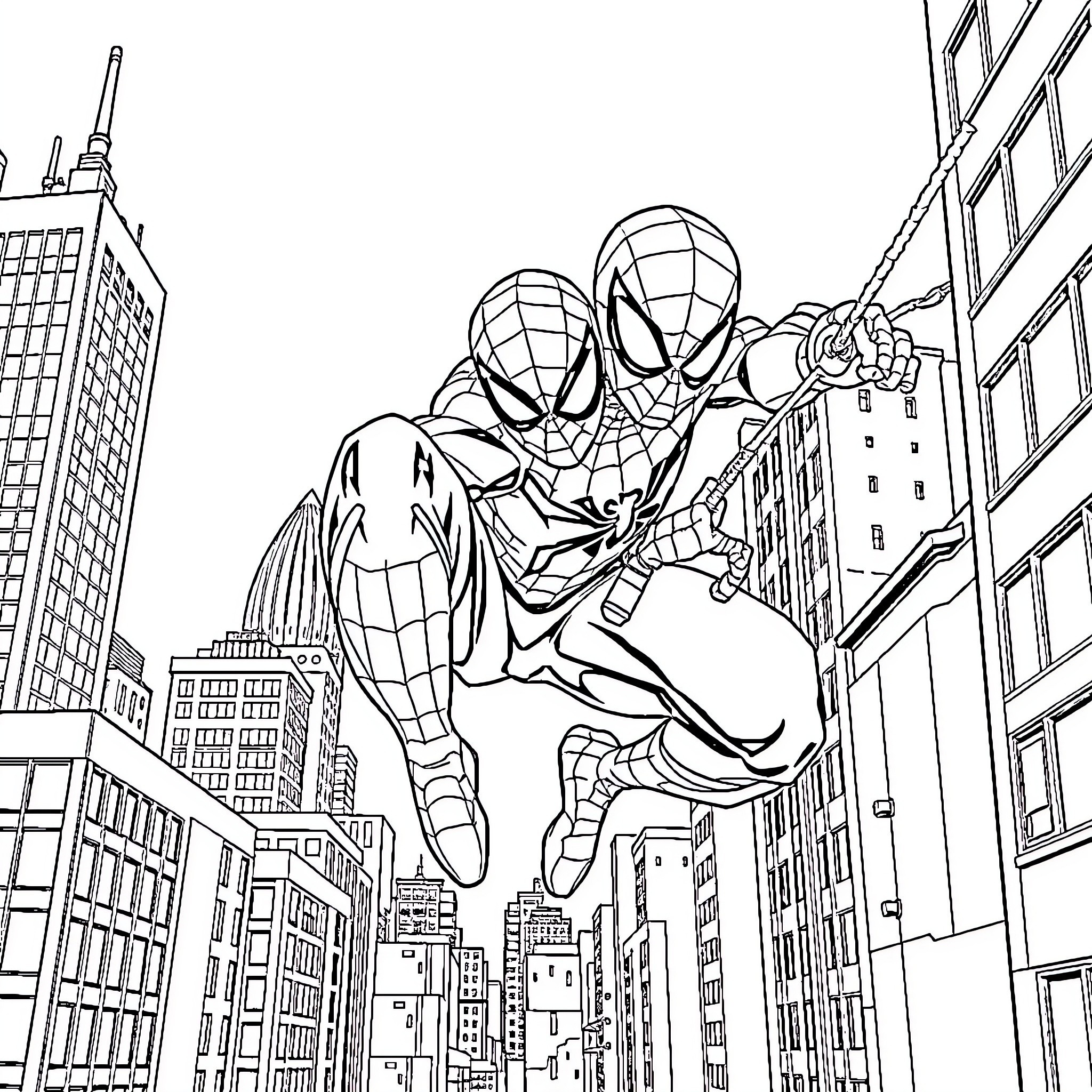 Spiderman swinging through the city skyline Coloring Page (free black-and-white line drawing printable PDF for all, from beginners to advanced learners, including children, teens, adults, and seniors)