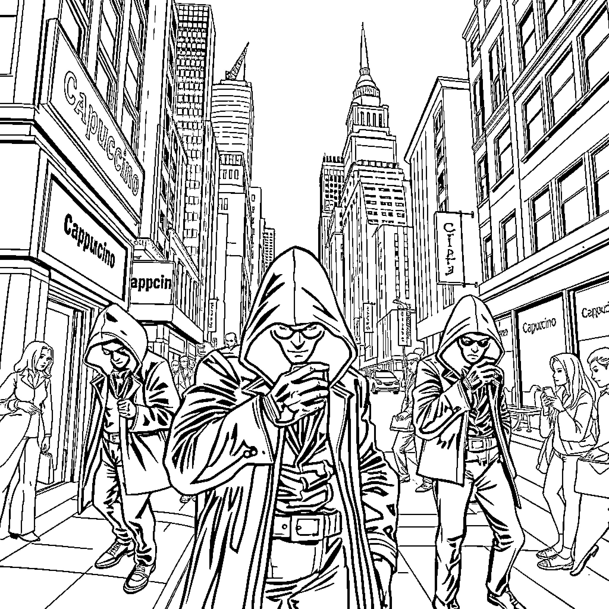 Assassin's Stealth Amidst the Bustling City Coloring Page (free black-and-white line drawing printable PDF for all, from beginners to advanced learners, including children, teens, adults, and seniors)