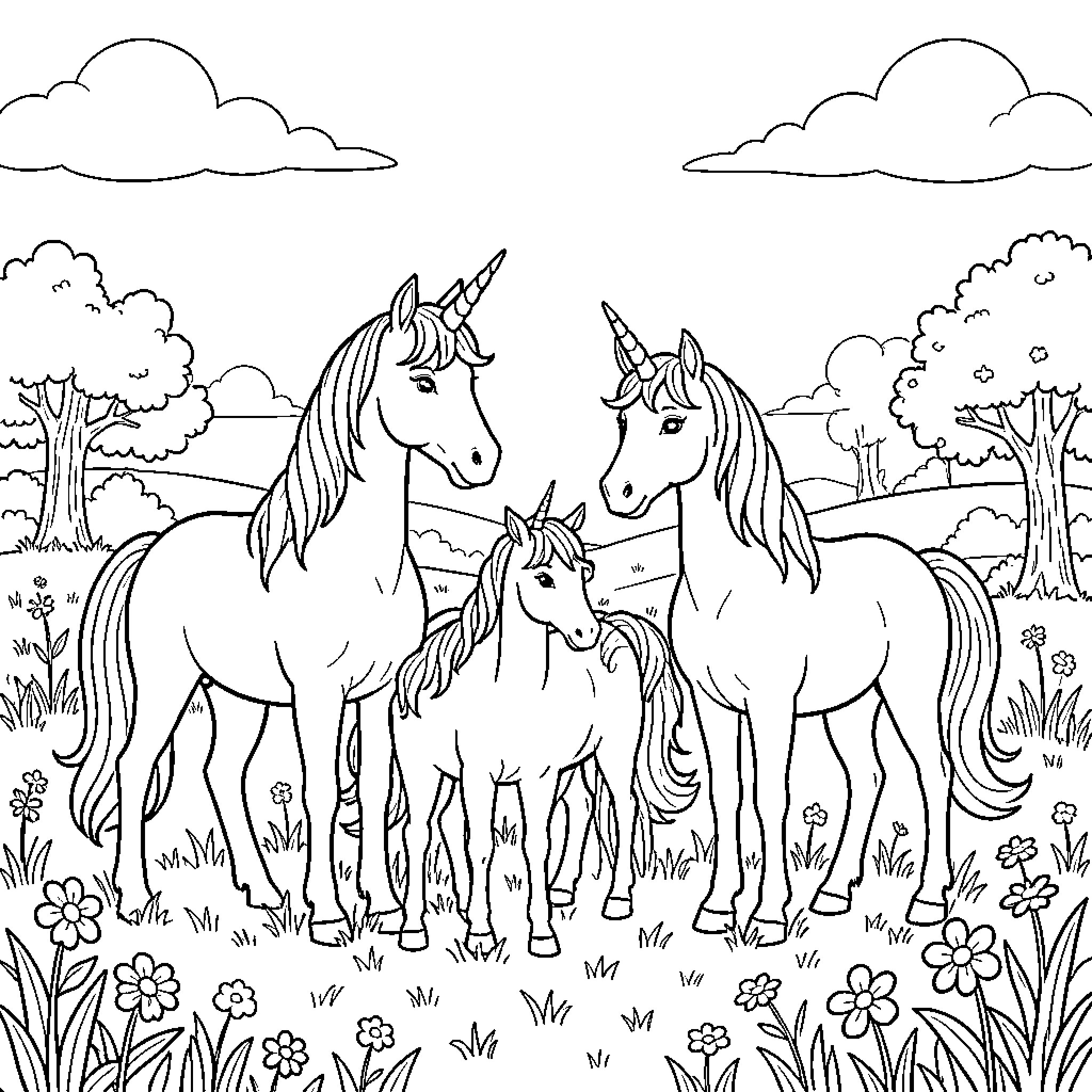 Unicorn family standing together in a flowery meadow Coloring Page (free black-and-white line drawing printable PDF for all, from beginners to advanced learners, including children, teens, adults, and seniors)