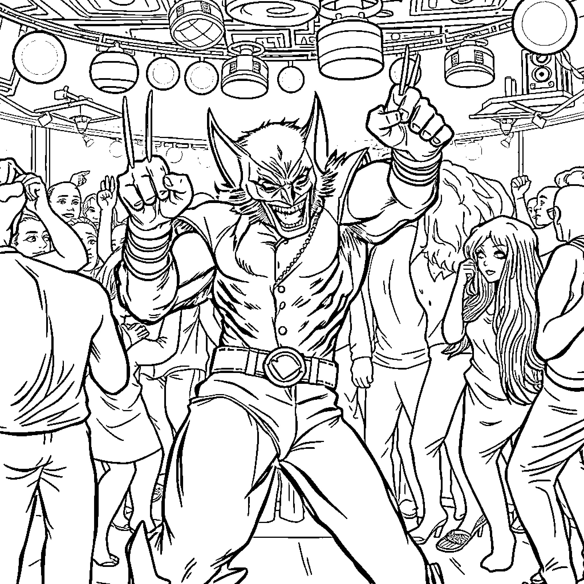 Wolverine rallying the crowd at a lively event Coloring Page (free black-and-white line drawing printable PDF for all, from beginners to advanced learners, including children, teens, adults, and seniors)