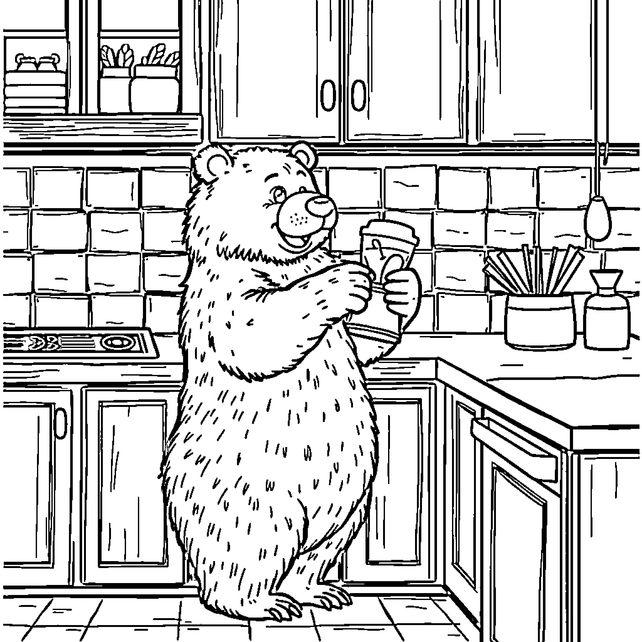 Bear enjoying a warm drink in the kitchen Coloring Page (free black-and-white line drawing printable PDF for all, from beginners to advanced learners, including children, teens, adults, and seniors)
