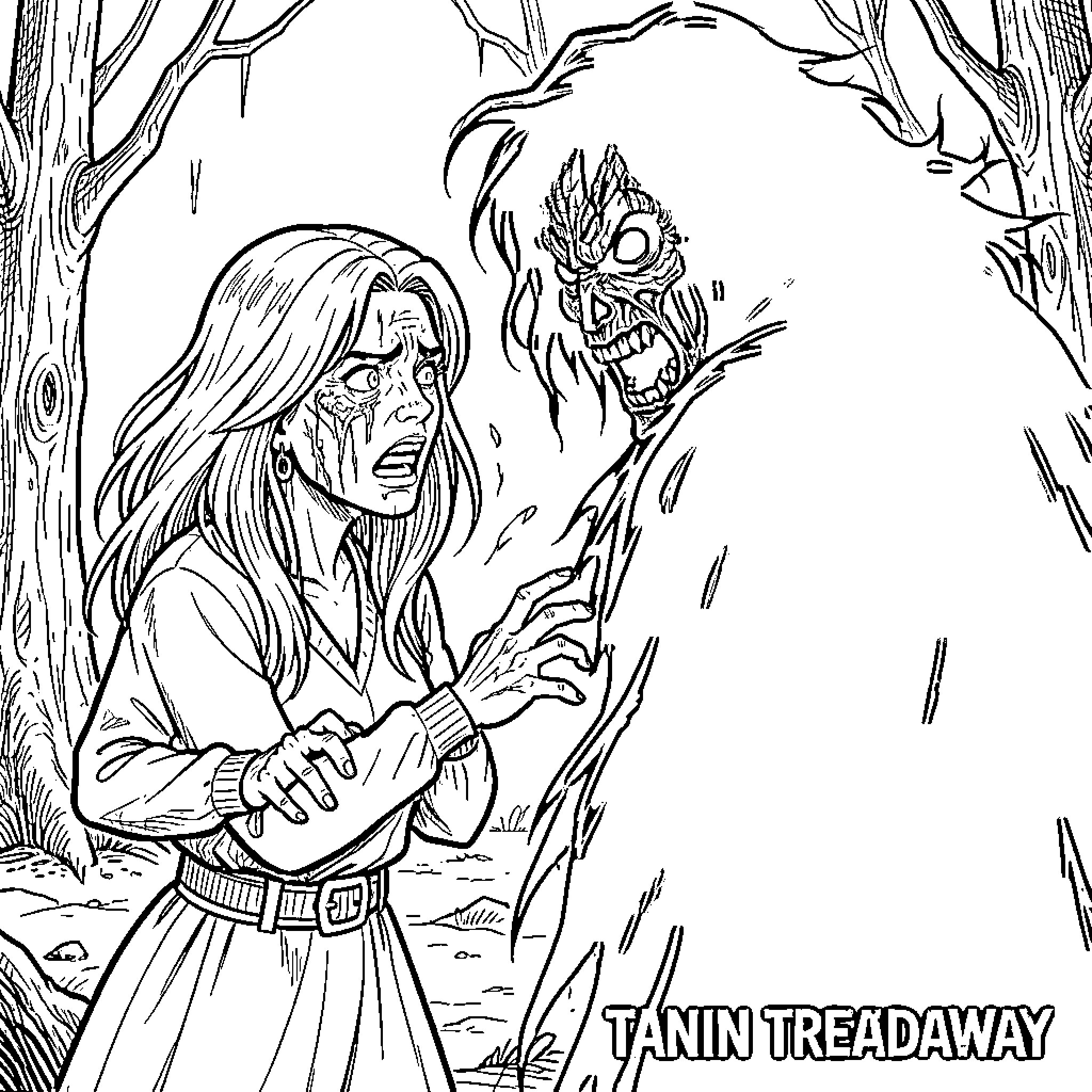 Horror Encounter with Terrifying Forest Creature Coloring Page (free black-and-white line drawing printable PDF for all, from beginners to advanced learners, including children, teens, adults, and seniors)