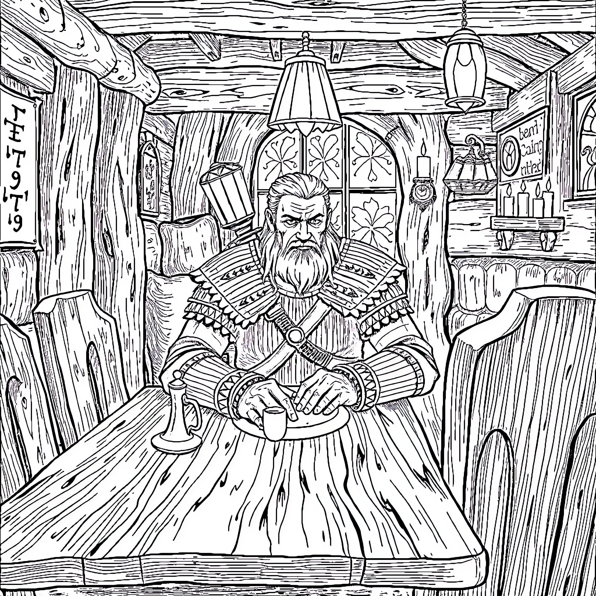 Geralt lounging in a cozy rustic tavern Coloring Page (free black-and-white line drawing printable PDF for all, from beginners to advanced learners, including children, teens, adults, and seniors)