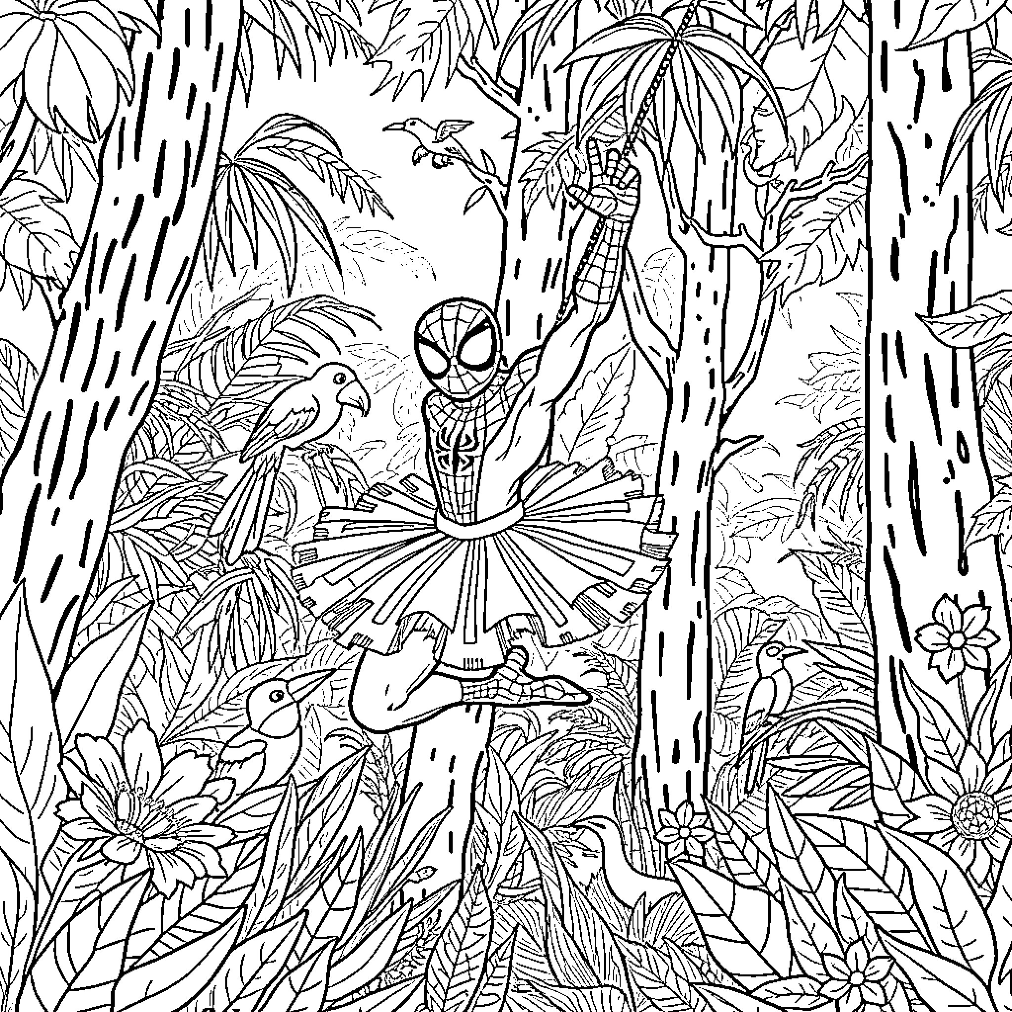 Spiderman exploring the lush jungle foliage Coloring Page (free black-and-white line drawing printable PDF for all, from beginners to advanced learners, including children, teens, adults, and seniors)