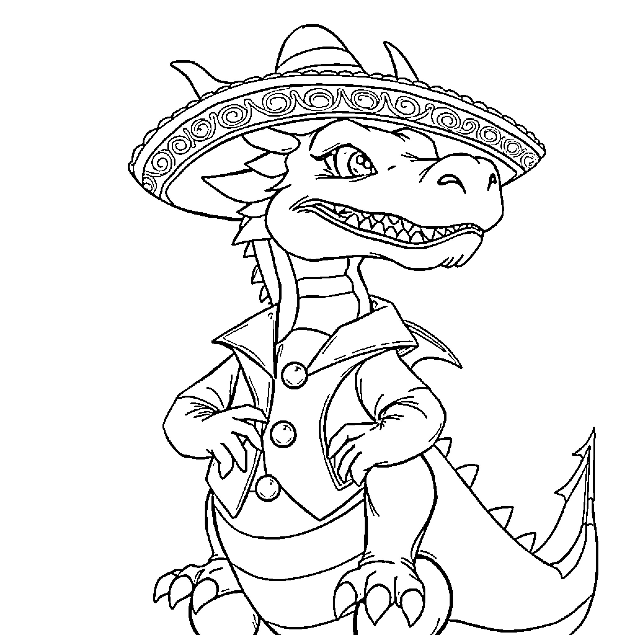 Dragon wearing traditional Mexican attire Coloring Page (free black-and-white line drawing printable PDF for all, from beginners to advanced learners, including children, teens, adults, and seniors)