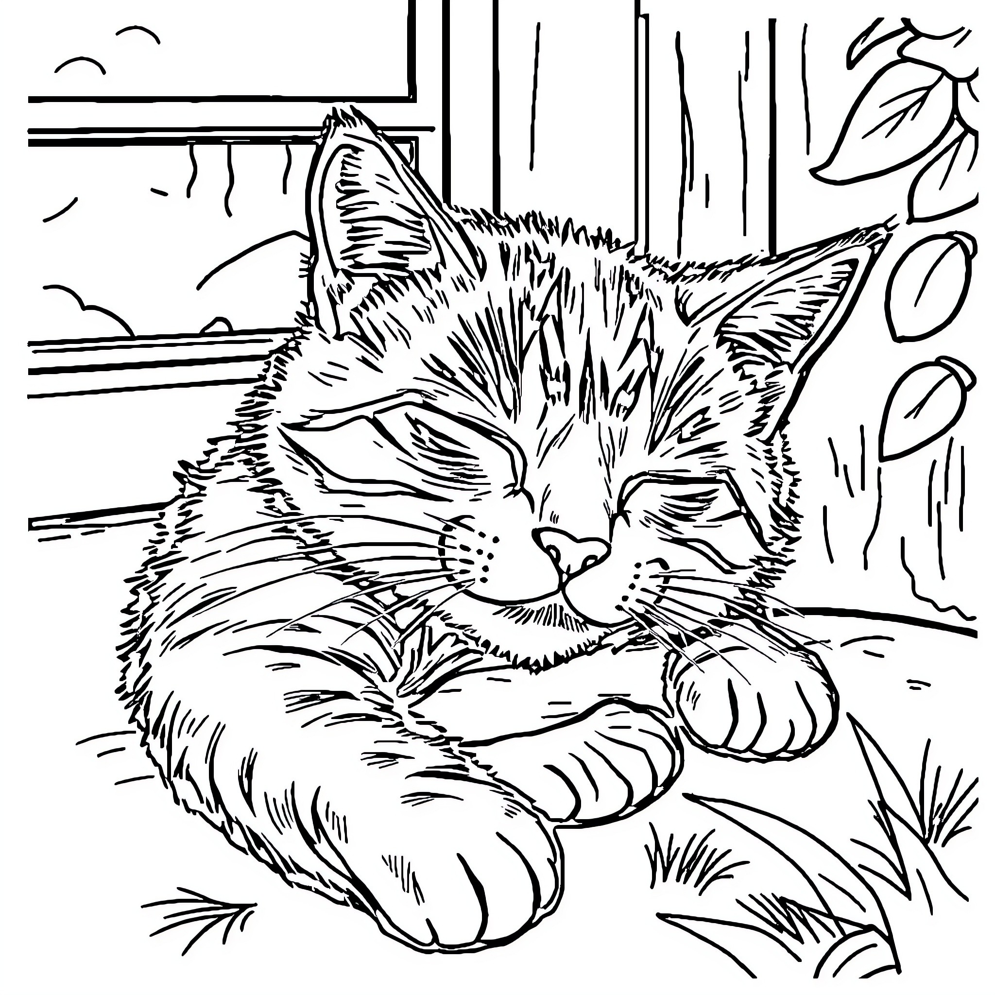 Cat resting peacefully in nature Coloring Page (free black-and-white line drawing printable PDF for all, from beginners to advanced learners, including children, teens, adults, and seniors)