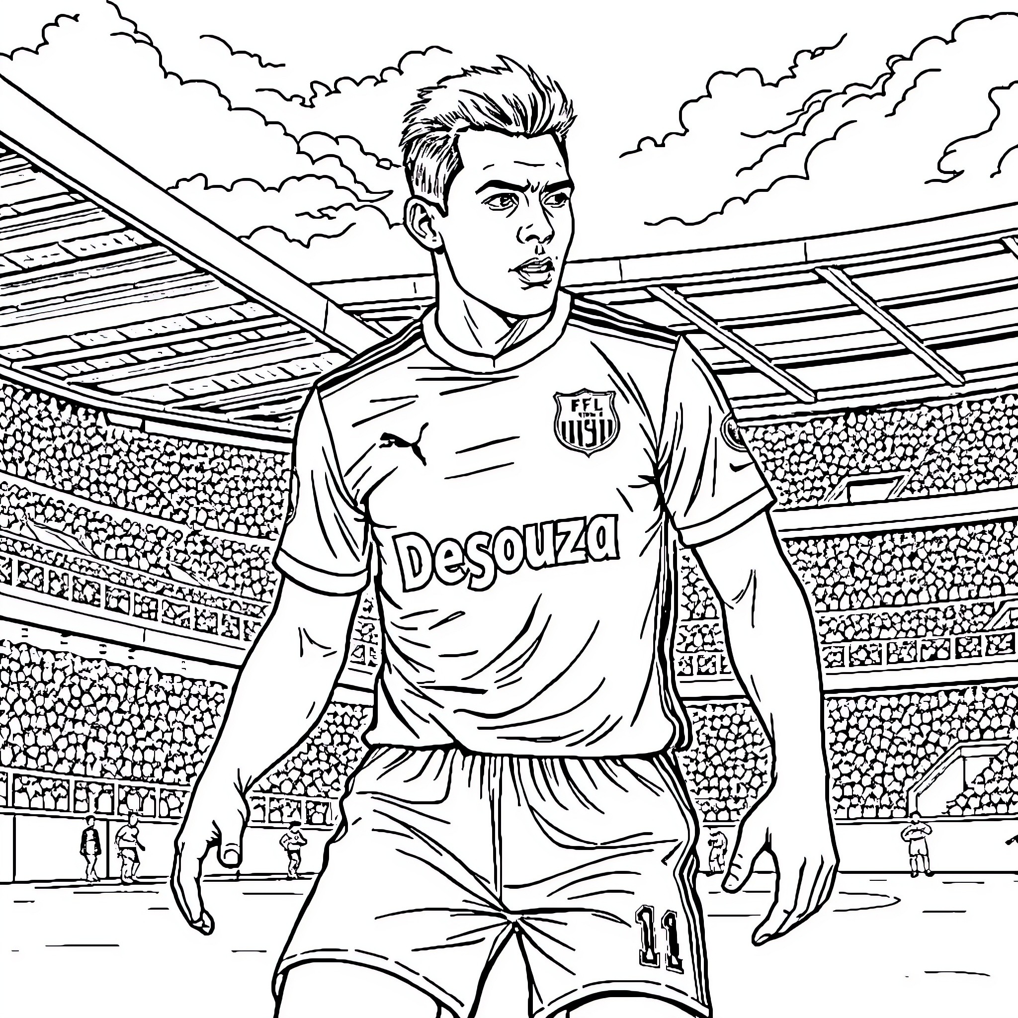 Footballer standing on the field in stadium Coloring Page (free black-and-white line drawing printable PDF for all, from beginners to advanced learners, including children, teens, adults, and seniors)