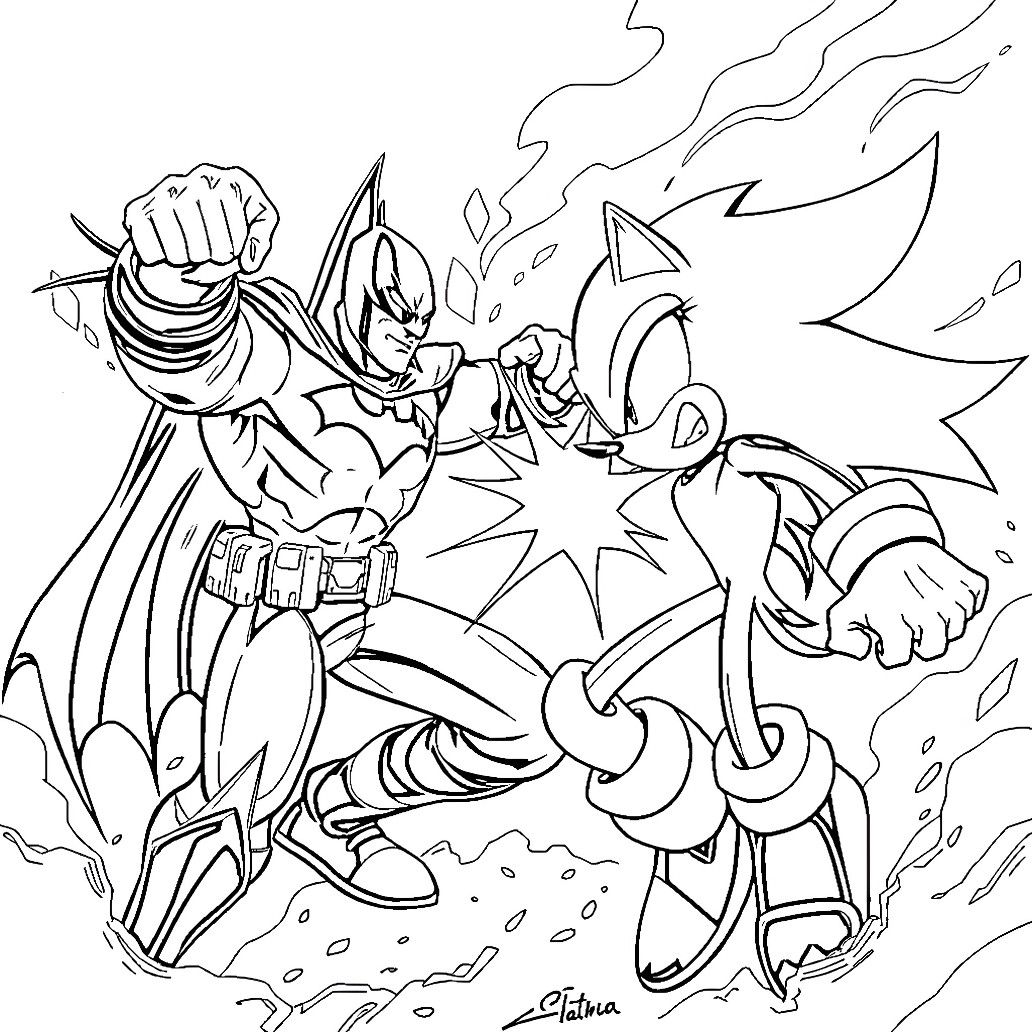 Batman in epic battle with superhero sidekick Coloring Page (free black-and-white line drawing printable PDF for all, from beginners to advanced learners, including children, teens, adults, and seniors)