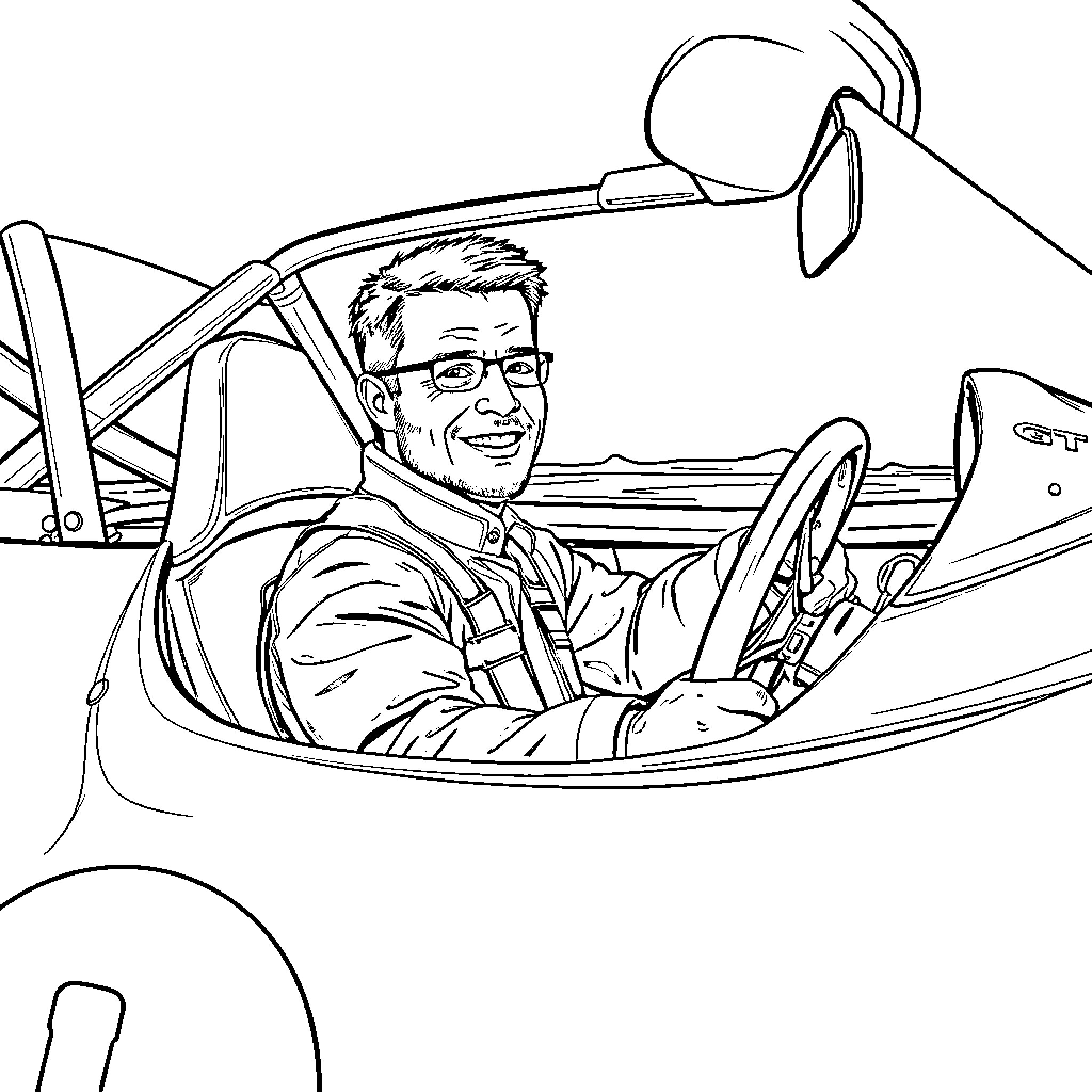 Erling Haaland driving a sports car with joy Coloring Page (free black-and-white line drawing printable PDF for all, from beginners to advanced learners, including children, teens, adults, and seniors)
