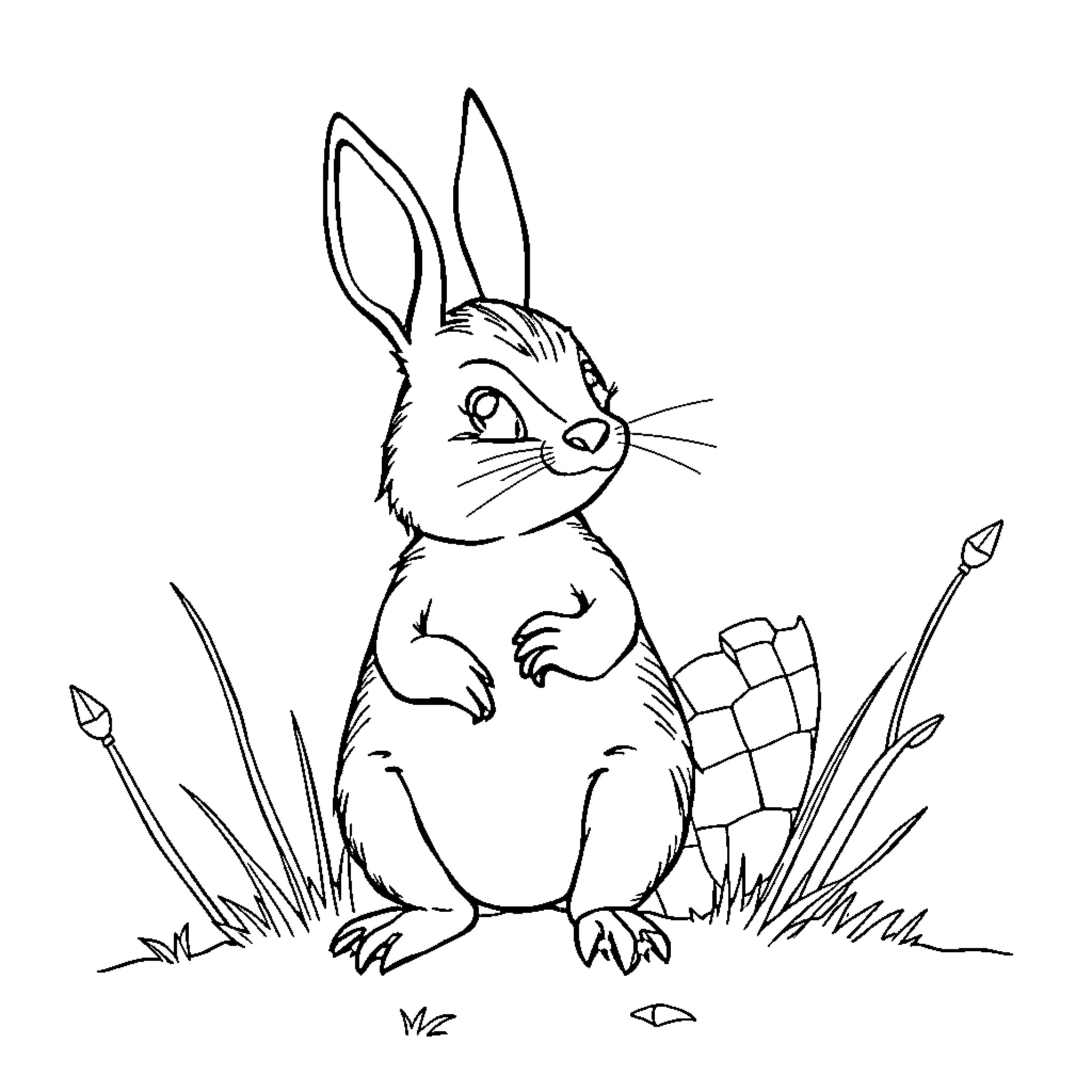 Conejo sitting in the grass Coloring Page (free black-and-white line drawing printable PDF for all, from beginners to advanced learners, including children, teens, adults, and seniors)