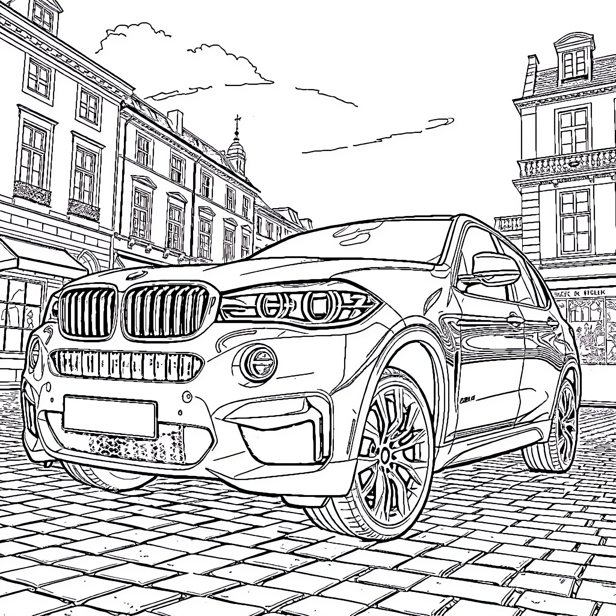 BMW SUV parked on a cobblestone street Coloring Page (free black-and-white line drawing printable PDF for all, from beginners to advanced learners, including children, teens, adults, and seniors)