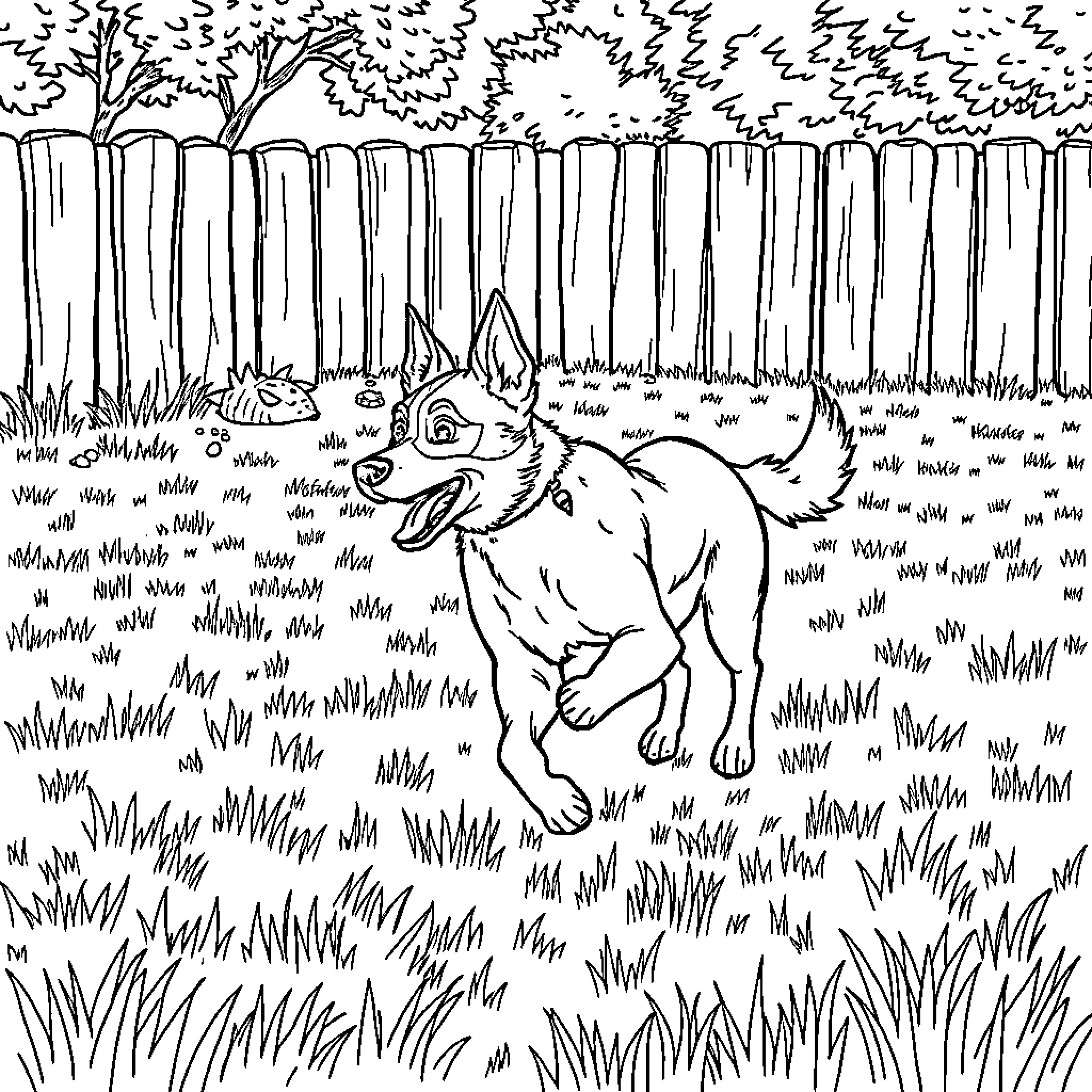 Dog playing in the backyard Coloring Page (free black-and-white line drawing printable PDF for all, from beginners to advanced learners, including children, teens, adults, and seniors)