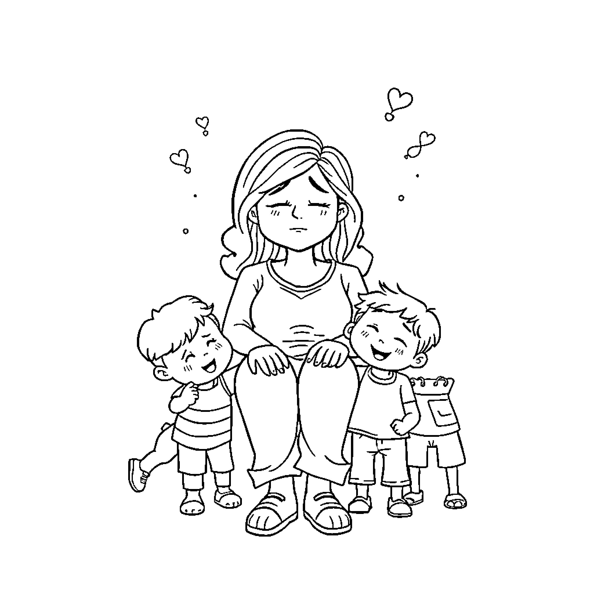 Mom surrounded by happy children Coloring Page (free black-and-white line drawing printable PDF for all, from beginners to advanced learners, including children, teens, adults, and seniors)