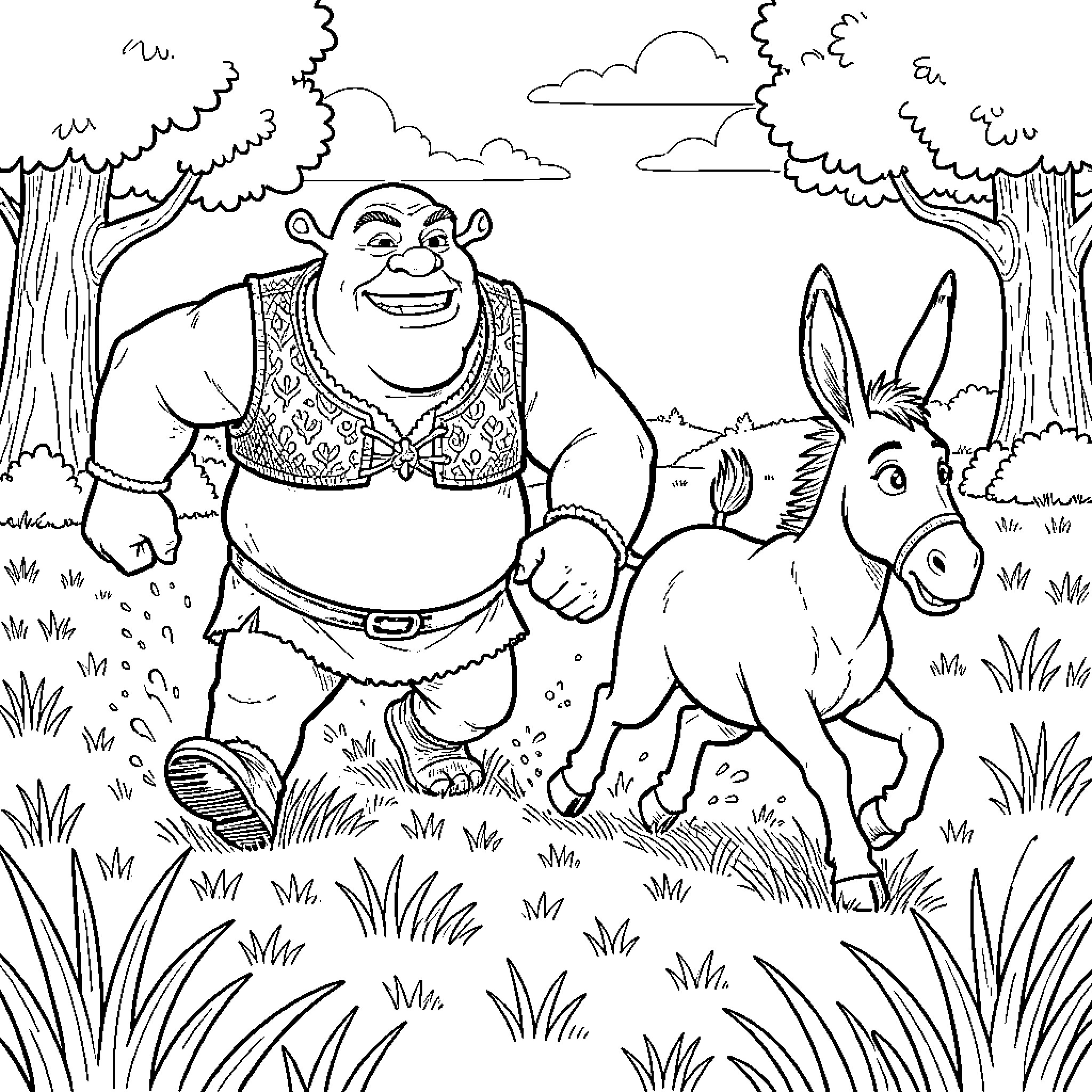 Shrek and Donkey walking happily through a field Coloring Page (free black-and-white line drawing printable PDF for all, from beginners to advanced learners, including children, teens, adults, and seniors)