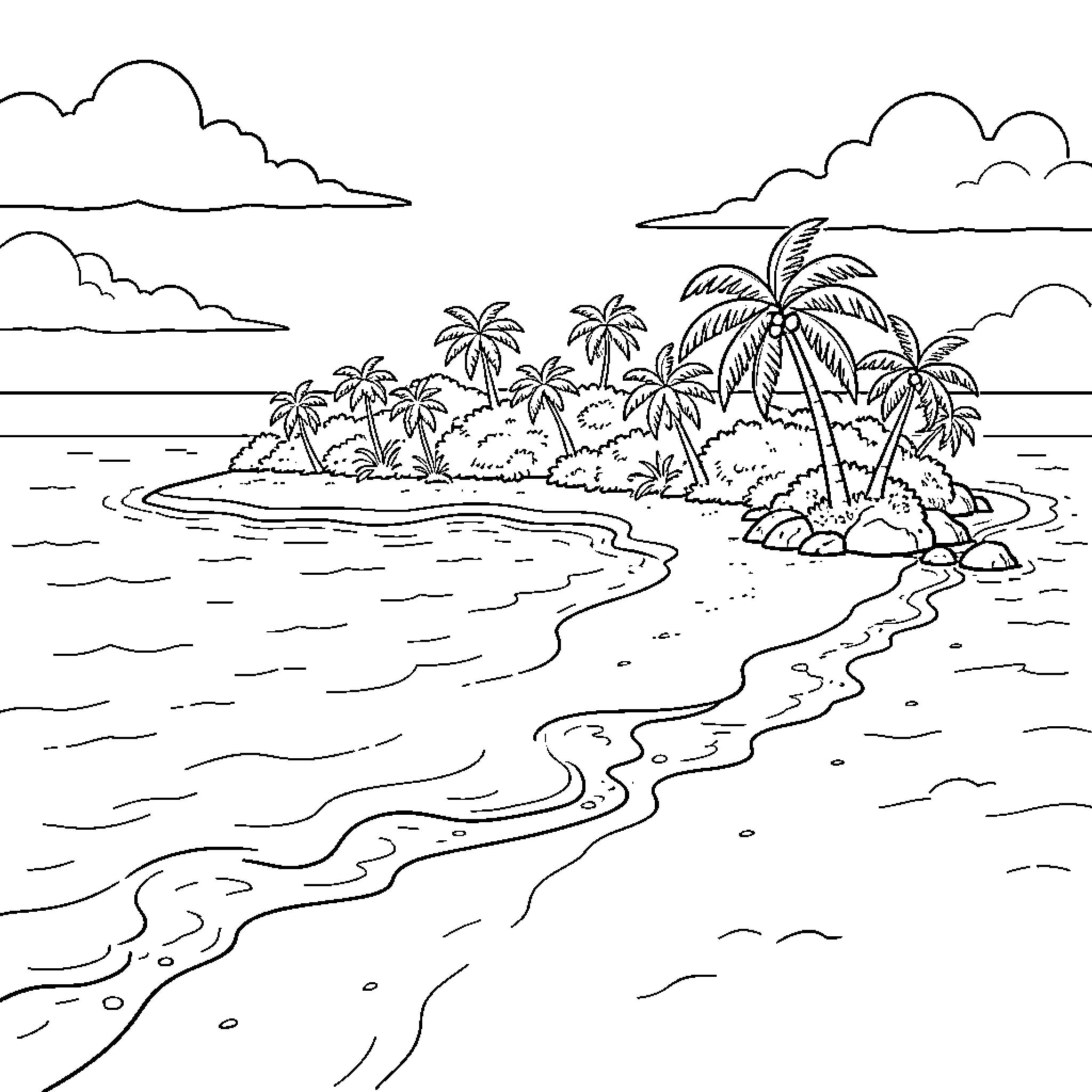 Guadeloupe tropical island with palm trees and ocean waves Coloring Page (free black-and-white line drawing printable PDF for all, from beginners to advanced learners, including children, teens, adults, and seniors)
