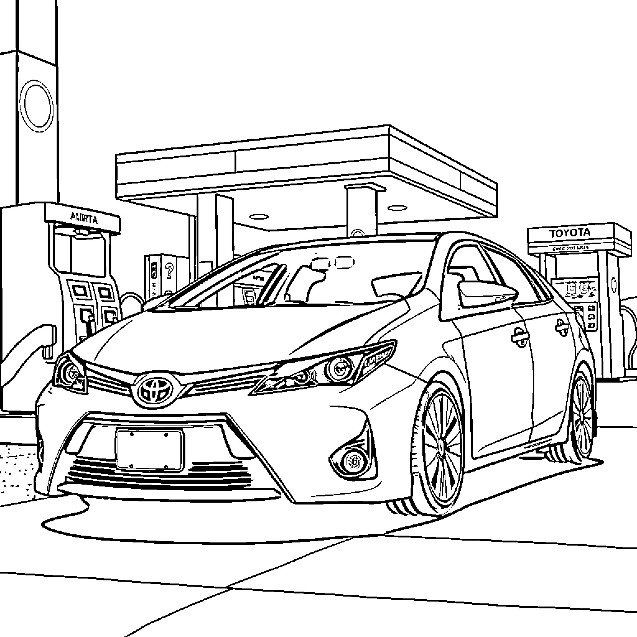 Toyota Auris at a gas station Coloring Page (free black-and-white line drawing printable PDF for all, from beginners to advanced learners, including children, teens, adults, and seniors)