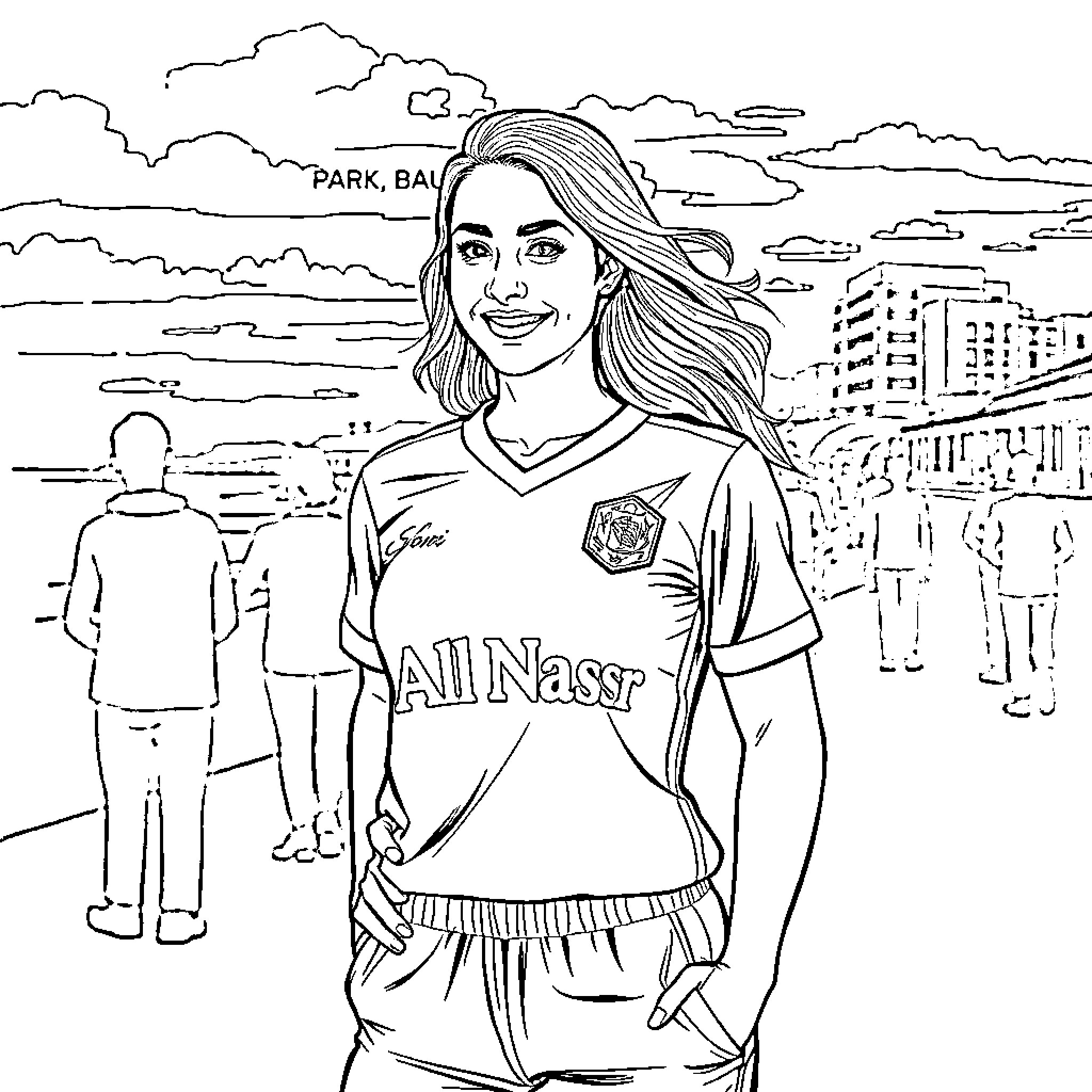 Joan Felixstowe Posing in Soccer Uniform at Park Coloring Page (free black-and-white line drawing printable PDF for all, from beginners to advanced learners, including children, teens, adults, and seniors)