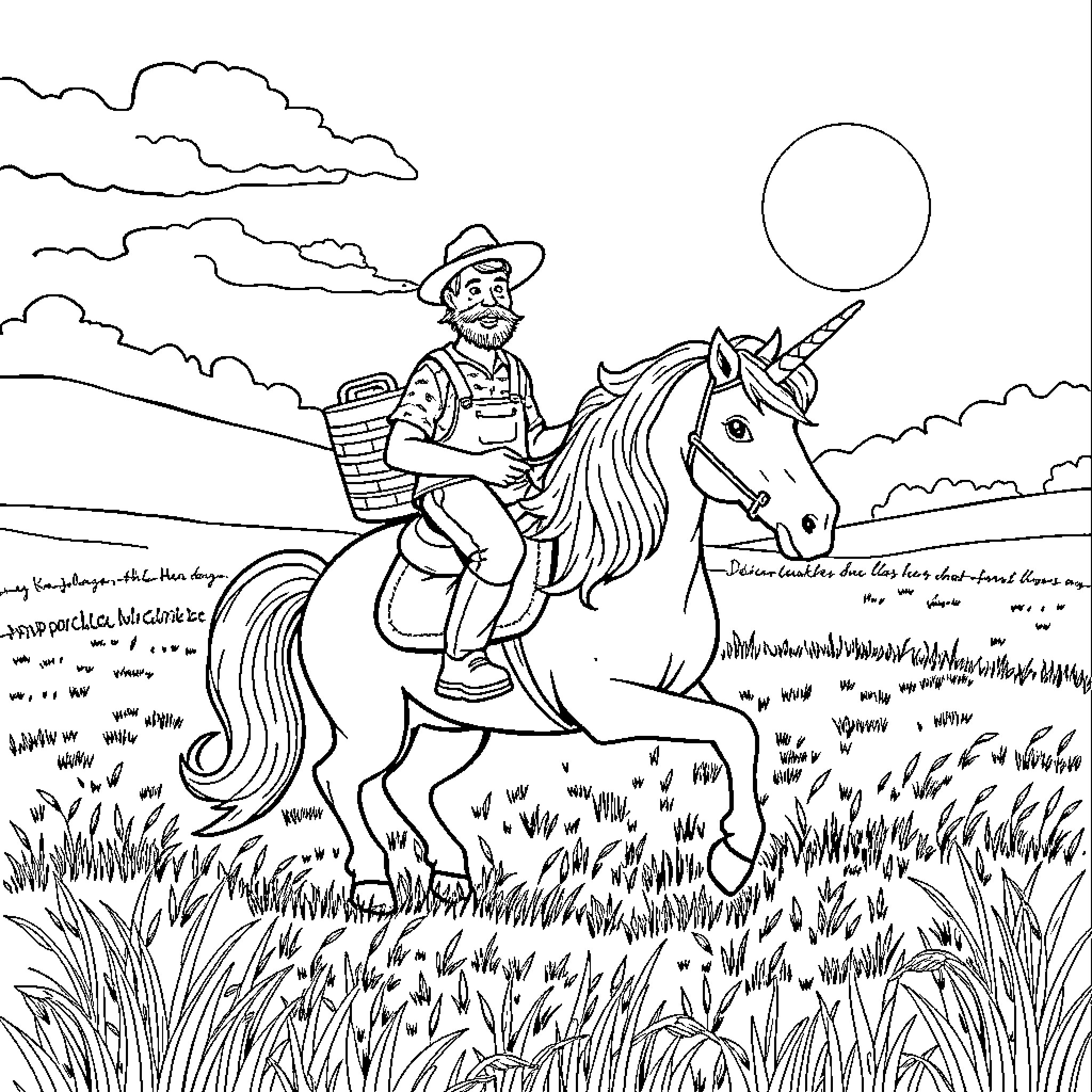 Farmer riding unicorn in the countryside Coloring Page (free black-and-white line drawing printable PDF for all, from beginners to advanced learners, including children, teens, adults, and seniors)