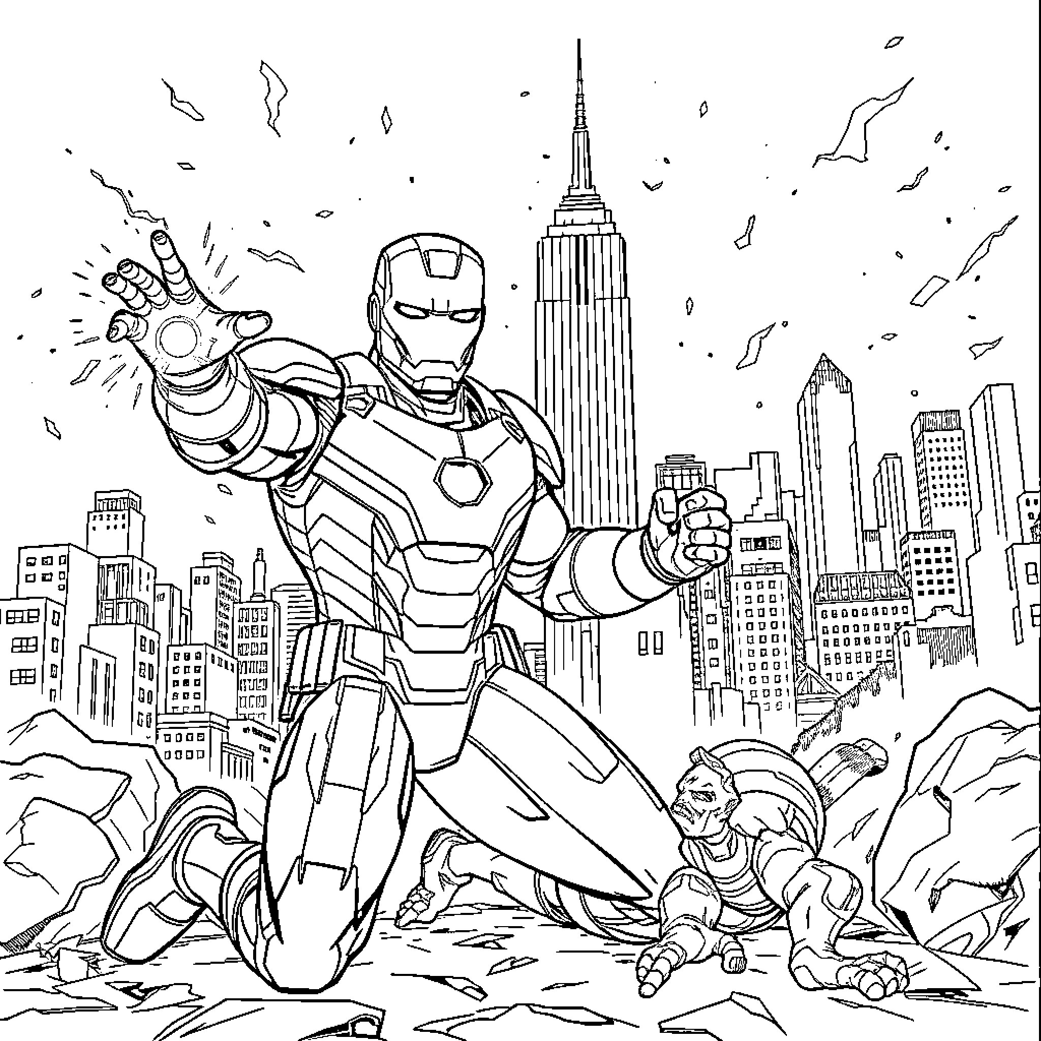 Ironman Battles Villains in Cityscape Coloring Page (free black-and-white line drawing printable PDF for all, from beginners to advanced learners, including children, teens, adults, and seniors)