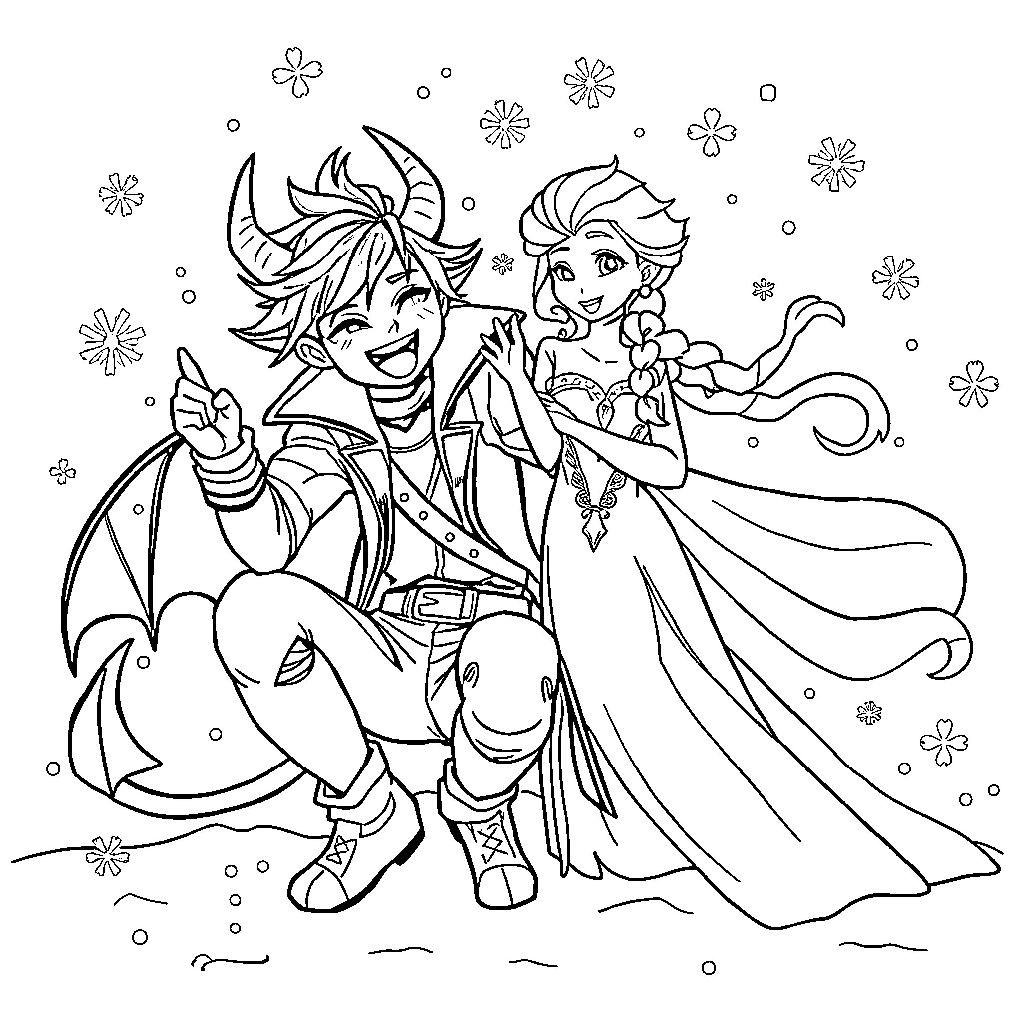 Rumi's Joyful Winter Adventure Coloring Page (free black-and-white line drawing printable PDF for all, from beginners to advanced learners, including children, teens, adults, and seniors)