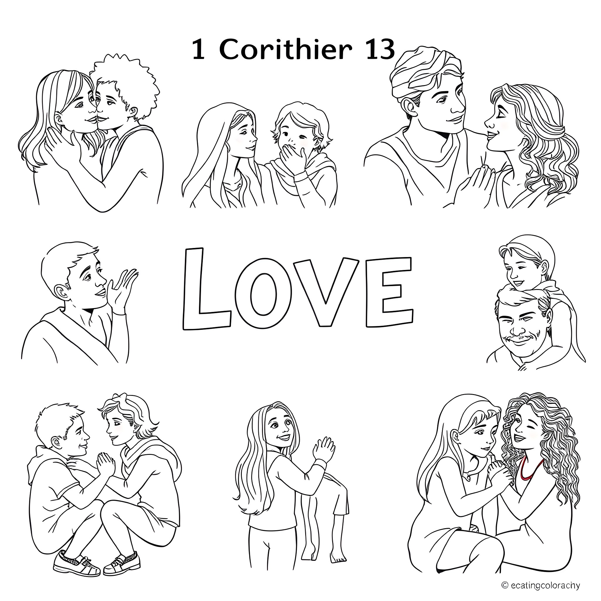 Corinthians' Depiction of Love and Relationships Coloring Page (free black-and-white line drawing printable PDF for all, from beginners to advanced learners, including children, teens, adults, and seniors)