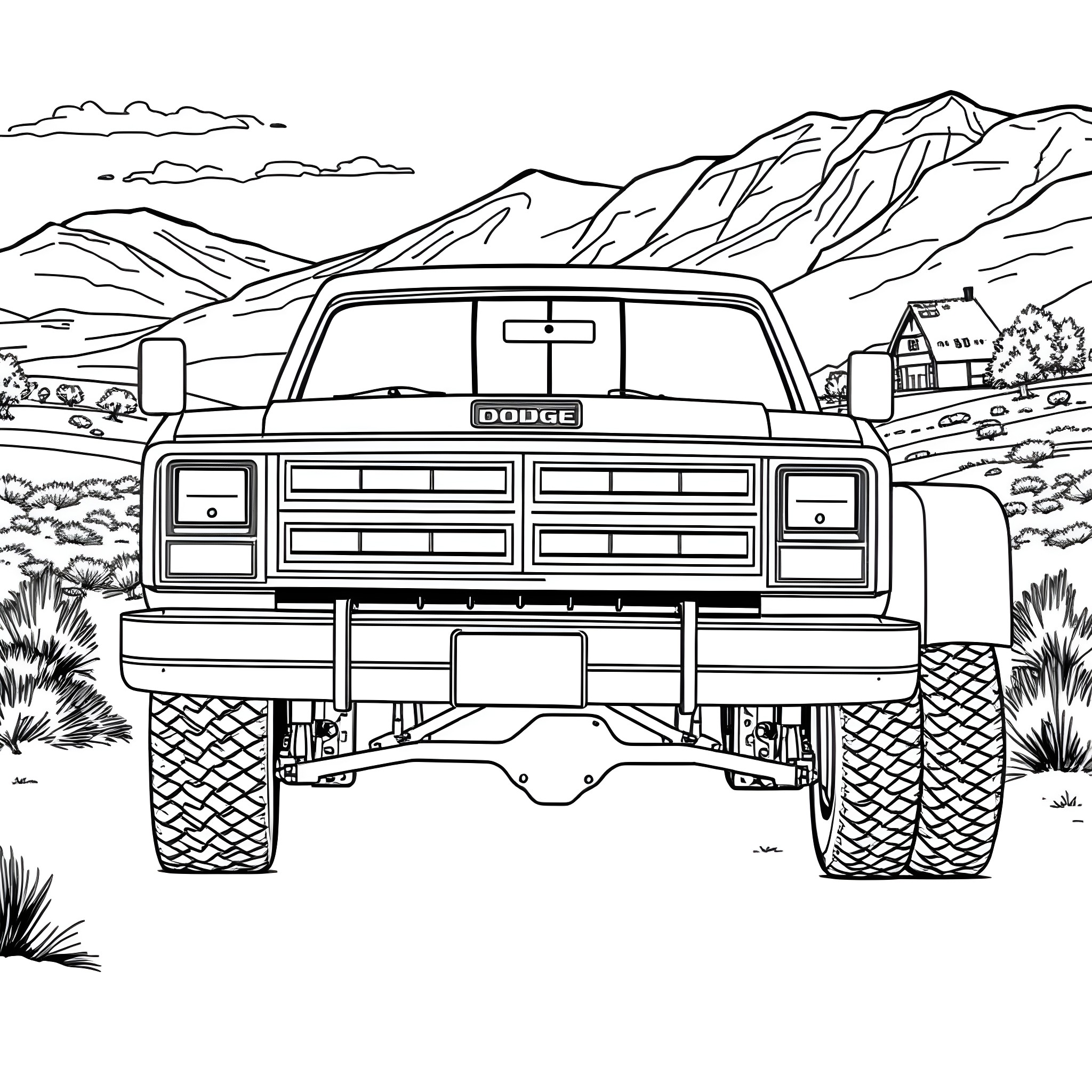 Dodge Truck Exploring the Rugged Terrain Coloring Page (free black-and-white line drawing printable PDF for all, from beginners to advanced learners, including children, teens, adults, and seniors)