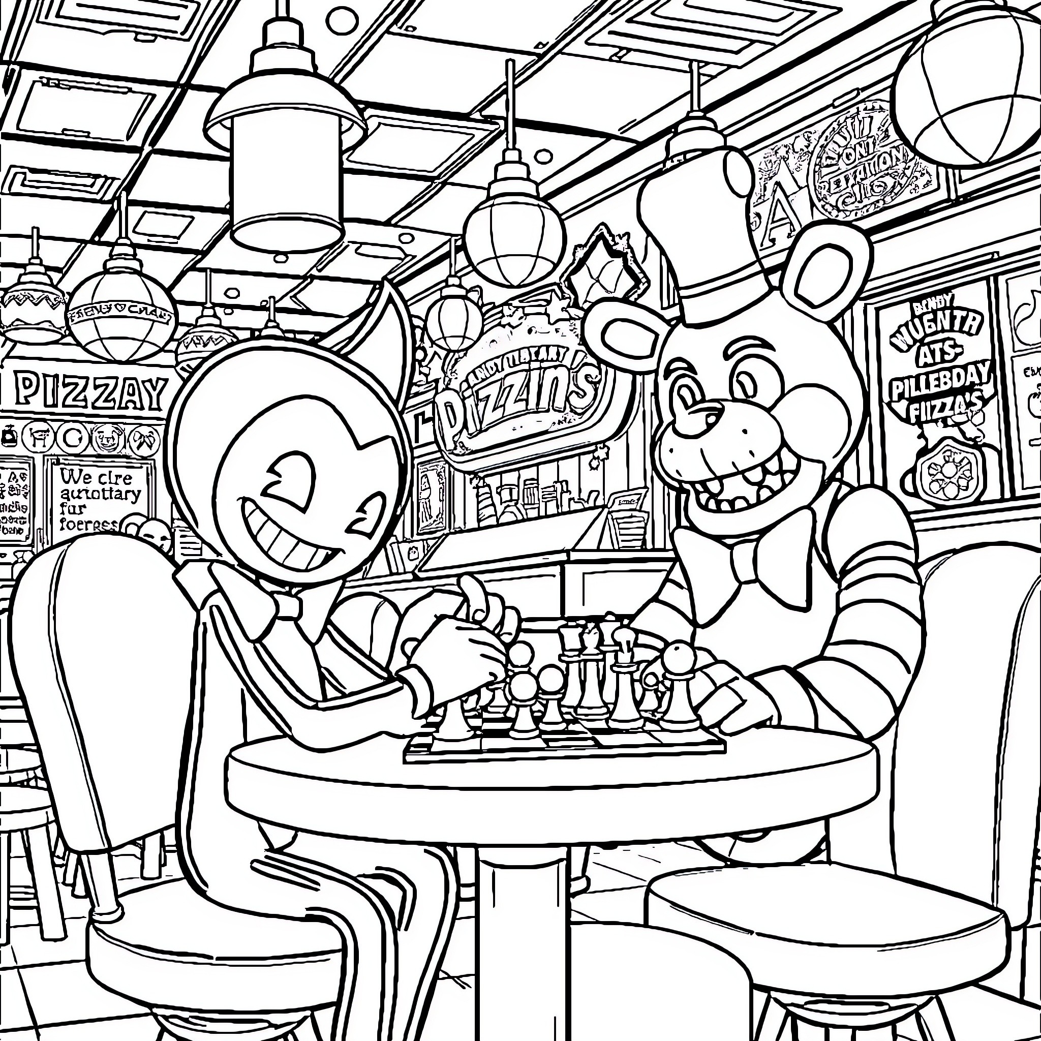 Bendy Cartoon Characters Playing Chess in Pizzeria Coloring Page (free black-and-white line drawing printable PDF for all, from beginners to advanced learners, including children, teens, adults, and seniors)