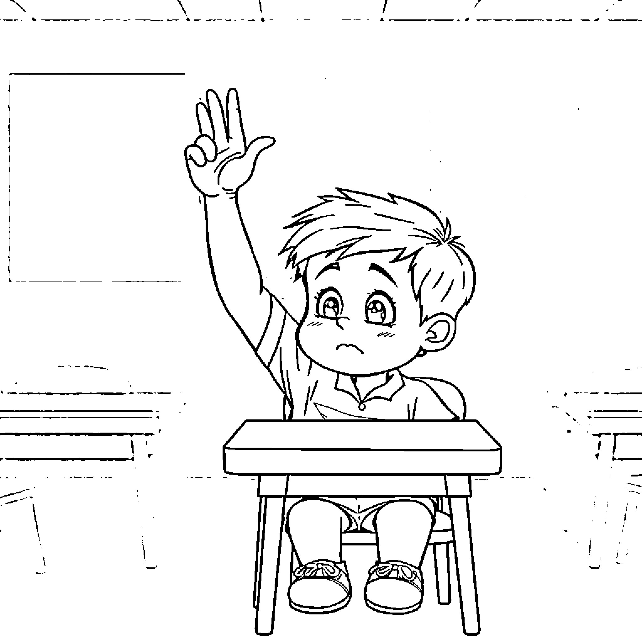 Kid raising hand in classroom Coloring Page (free black-and-white line drawing printable PDF for all, from beginners to advanced learners, including children, teens, adults, and seniors)