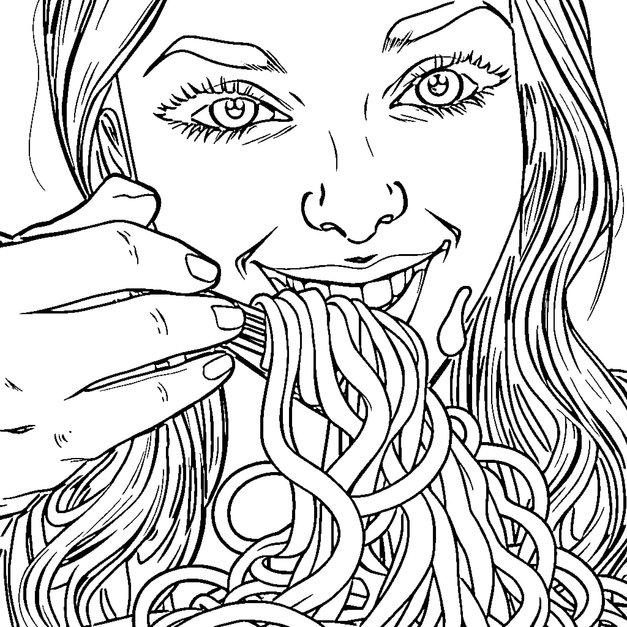 Wife combing her long, flowing hair Coloring Page (free black-and-white line drawing printable PDF for all, from beginners to advanced learners, including children, teens, adults, and seniors)