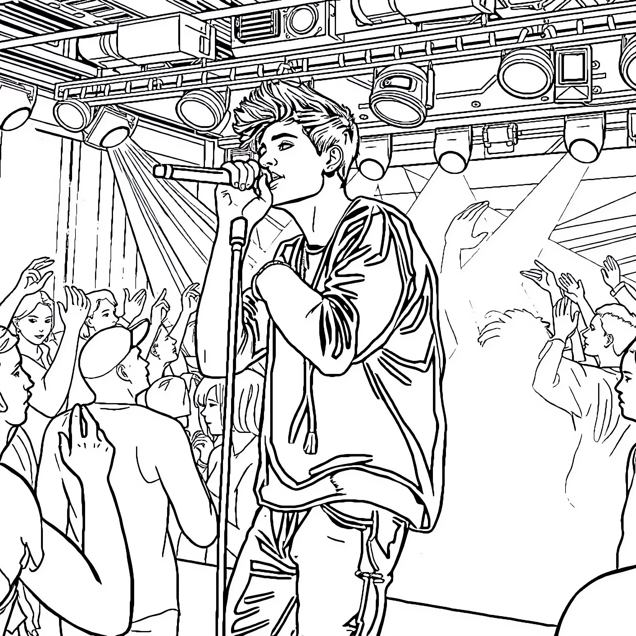 Justin Bieber performing on stage in front of a crowd Coloring Page (free black-and-white line drawing printable PDF for all, from beginners to advanced learners, including children, teens, adults, and seniors)